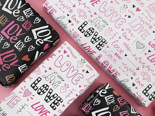 Miniatura 3 de Papel de regalo para el día de San Valentín, papel de regalo de corazón de amor, 6 hojas plegadas, papel de regalo negro y rosa de 20 x 28 pulgadas