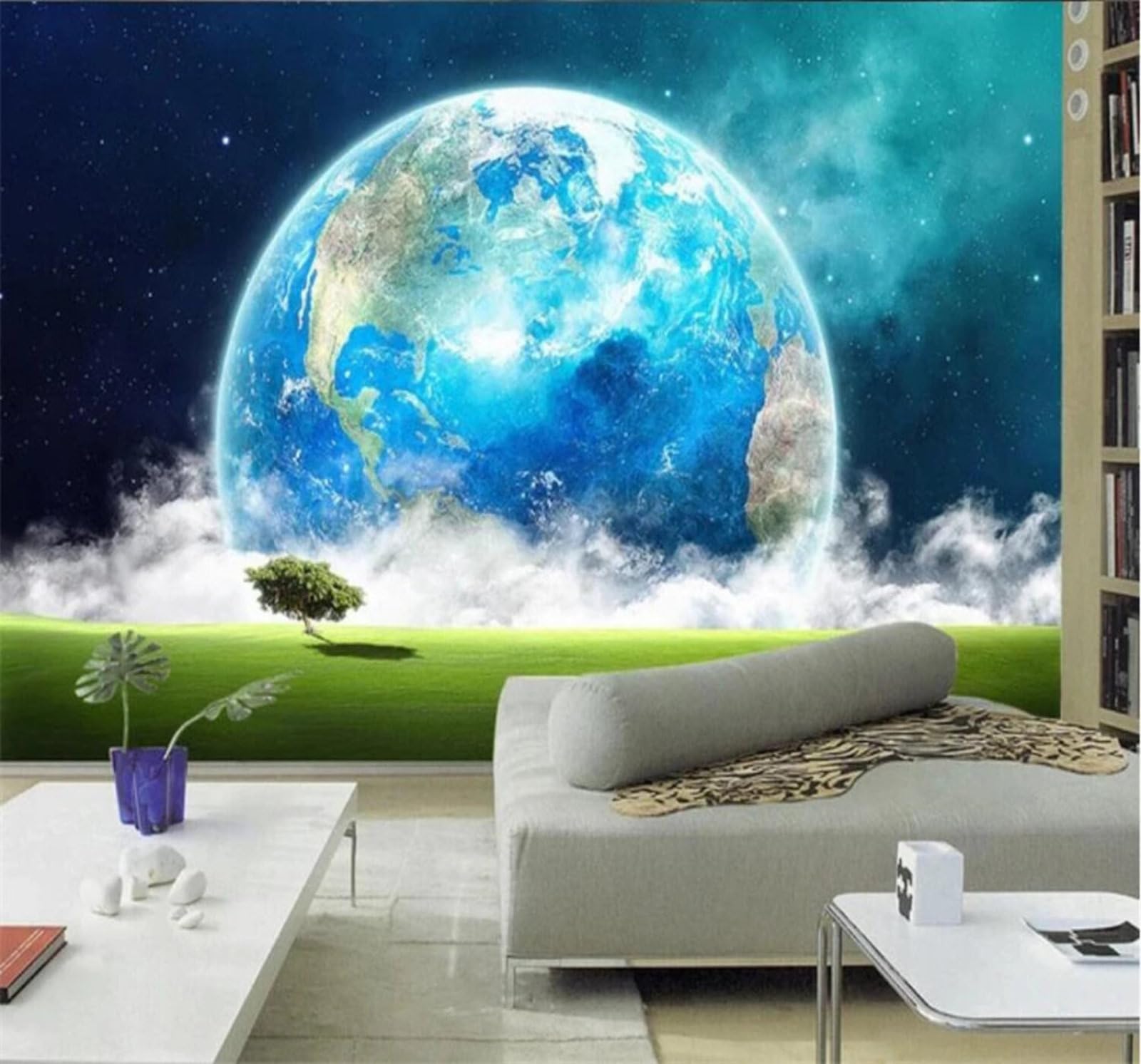 Xlming 400Cm×280Cm(B×H) Three Dimensional Blue Universe Starry Sky Earth 3D Wallpaper Luxury Silk Study Dining Feature Sofa Grey Bedroom Living Room Tv Decorative Wall-400Cm×280Cm