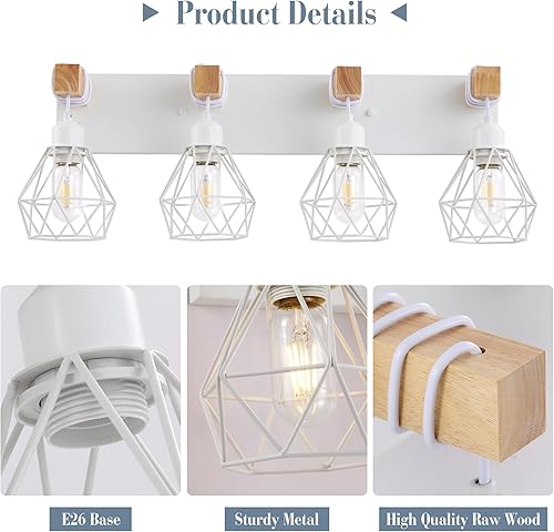 Miniatura 3 de Lámpara de tocador de casa de campo para baño, 4 luces blancas de madera blanca sobre el espejo, apliques rústicos de pared con pantalla de metal