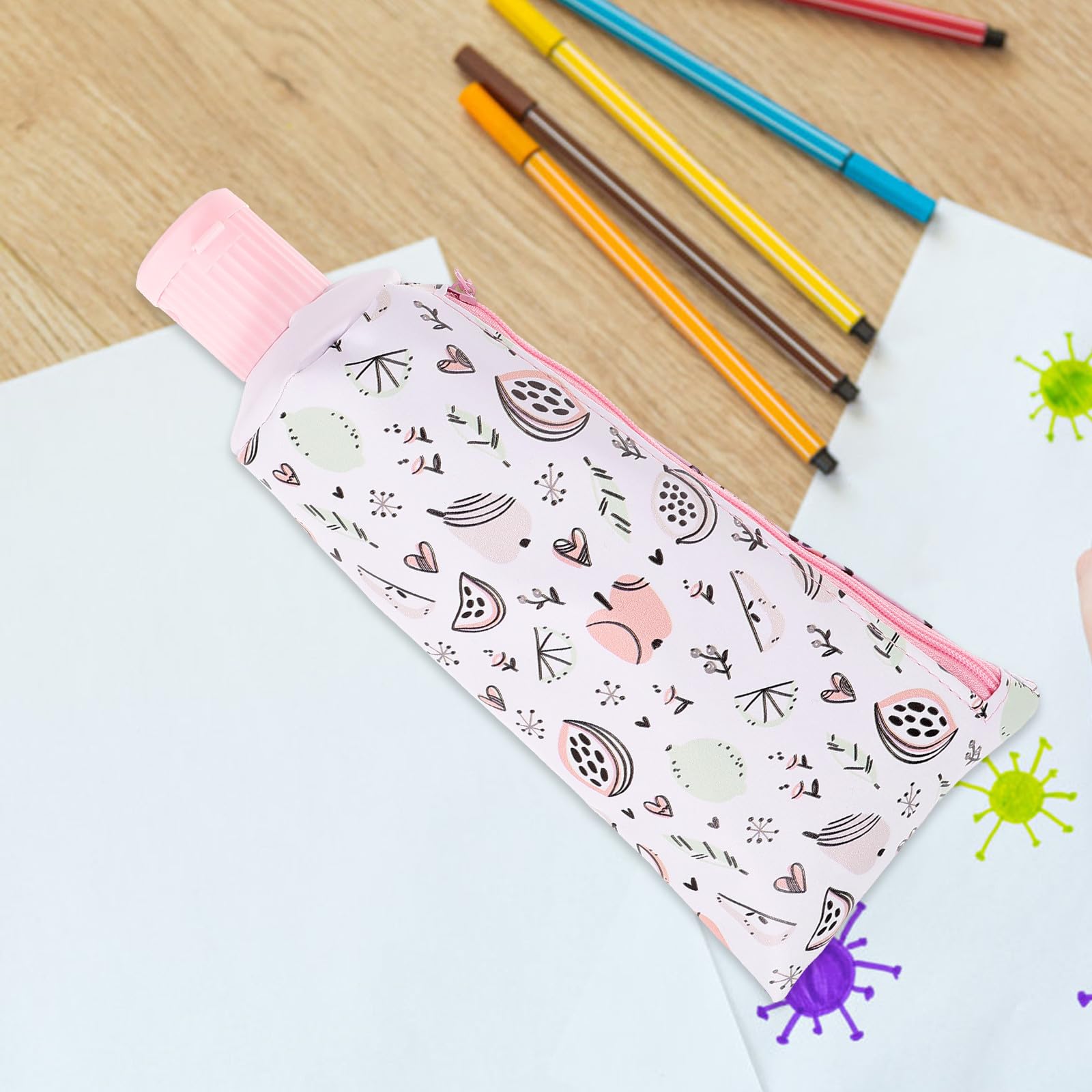 Trousse à Crayons Paquet de Rangement Pratique et Portable Design Compact et Cartoon en Cuir pour Stylos et Pinceaux, Classe Voyages