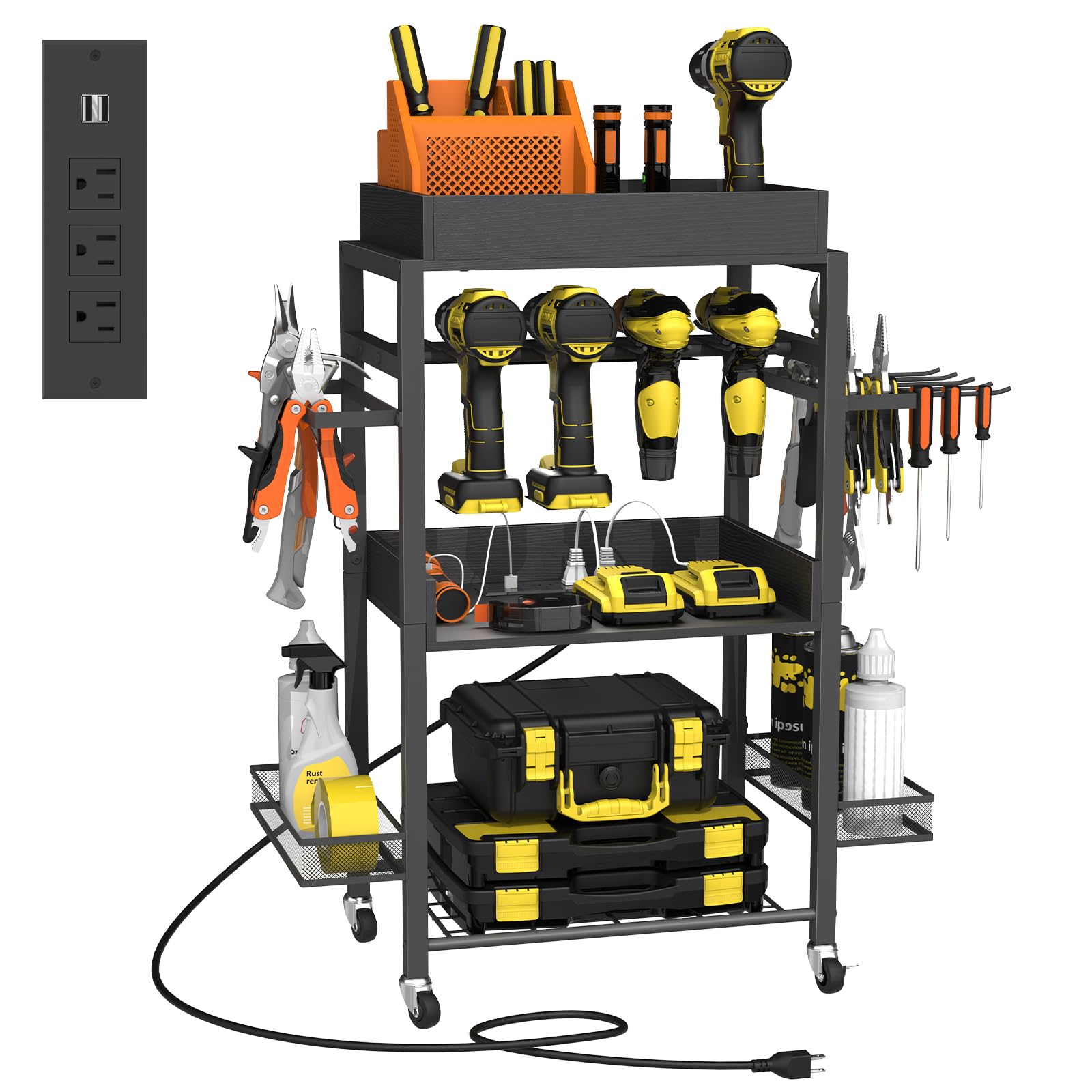MOOACEPower Tool Organizer Storage Cart with Charging Station and Wheels, 4 Tier Heavy Duty Metal Rack, Rolling Tool Utility Cart, for Workshop, Garage, Workbench, Black