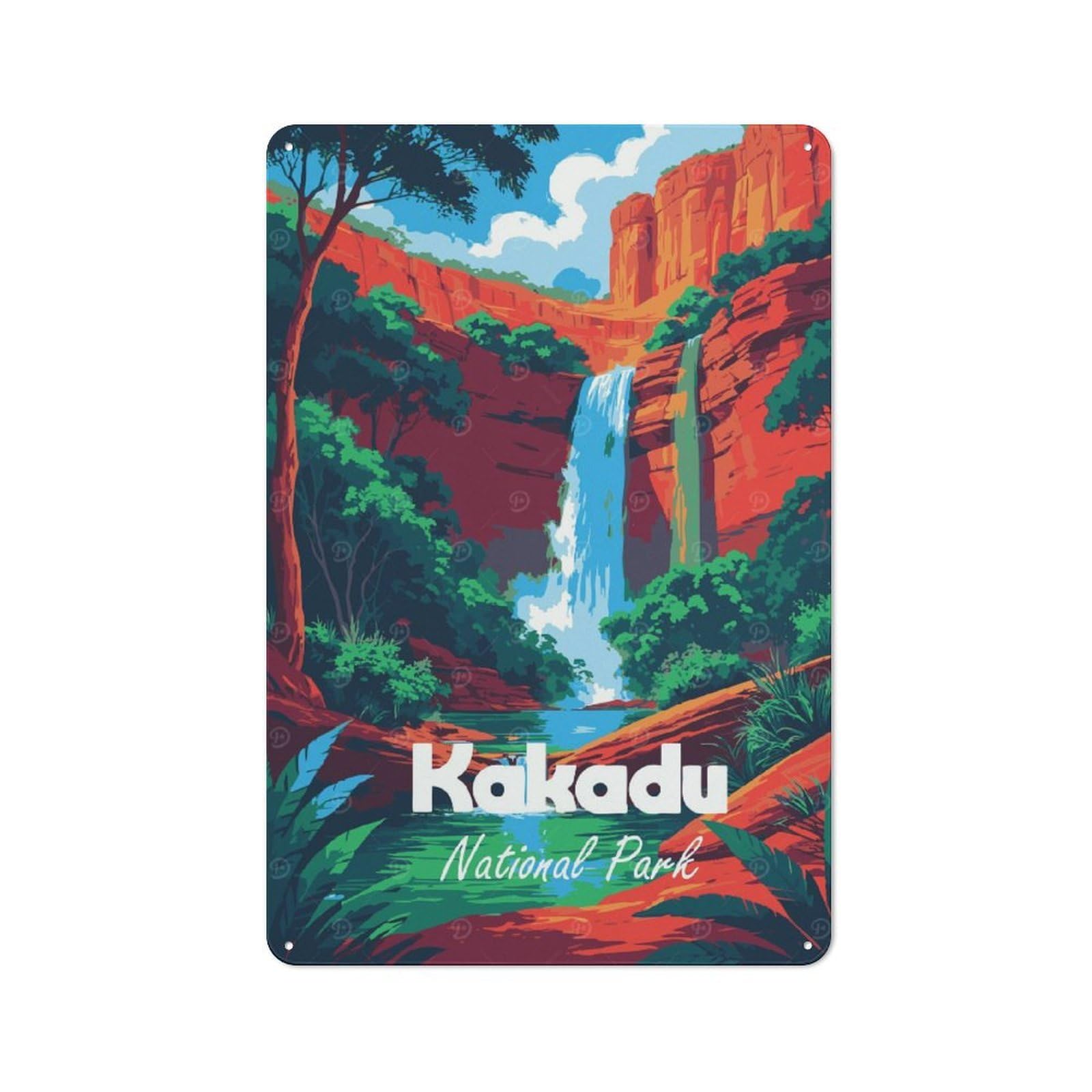 Junmoney Style-23 Kakadu National Park Waterfall Illustration Printed Metal Sign 30X20cm For Bar Or Restaurant, New Home Wall Decor For Hospitality Decor Collectors