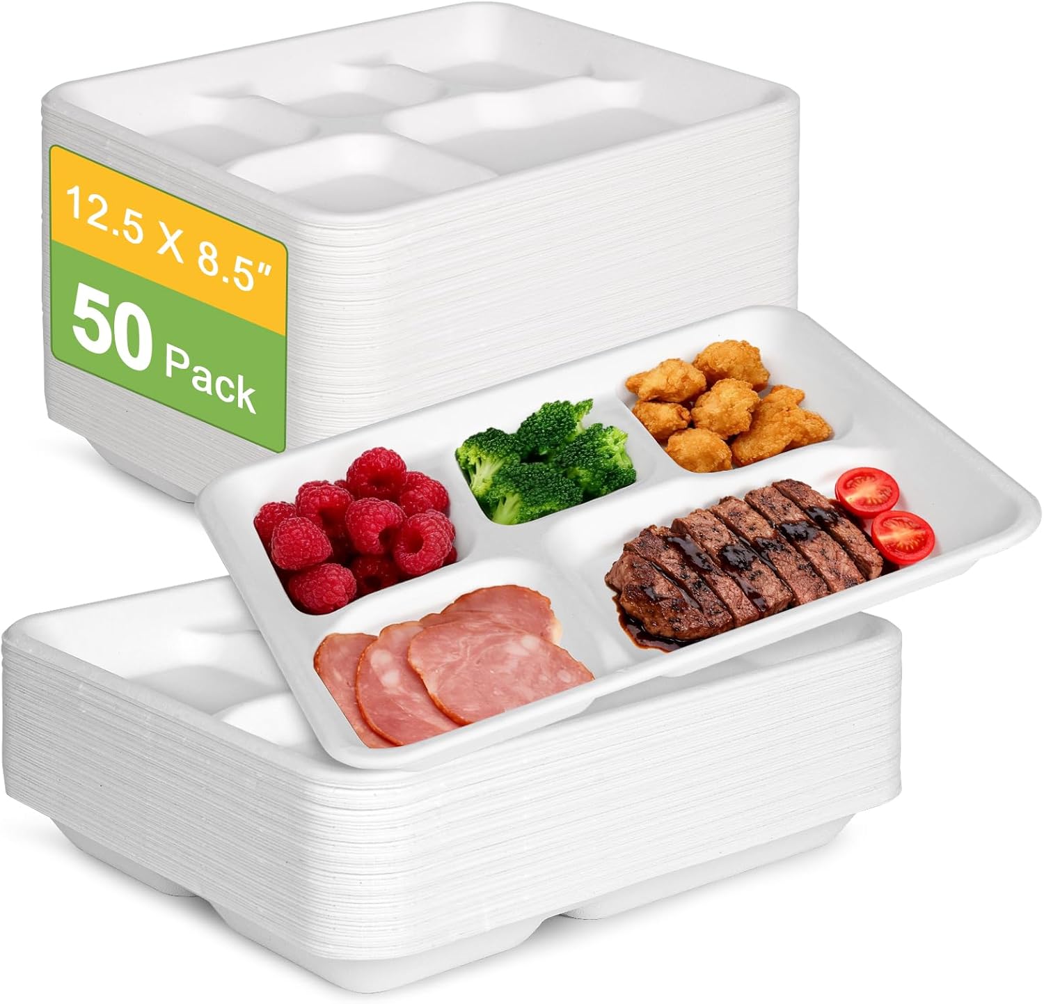 Compostable 5 Compartment Plates Disposable, 12.5 x 8.5 inch, [50-Pack] Heavy Duty Paper Plates with dividers, Sturdy School Lunch Trays, White Large Paper Dinner Plates for Buffet Party