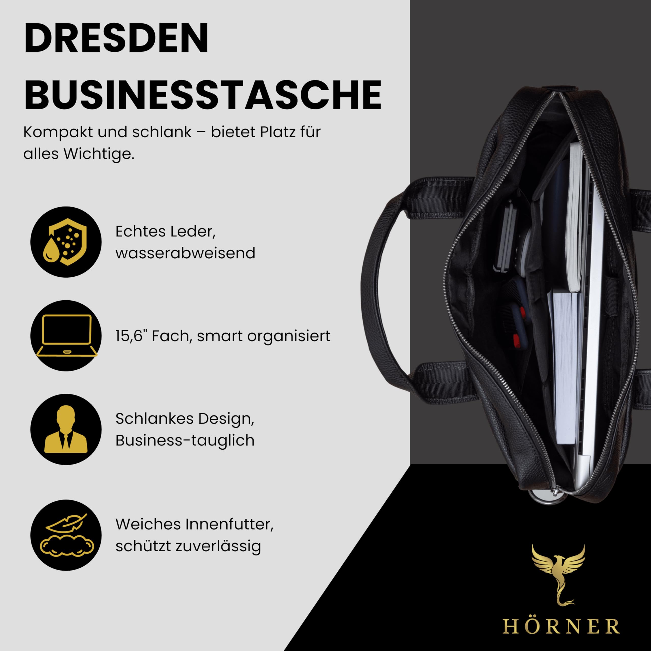 Hörner Laptoptasche Cognac Schwarz I Echtes Leder I Businesstasche Damen & Herren I Laptoptasche 15,6 Zoll I Bürotasche I Businesstasche I Aktentasche I Ledertasche für Laptop