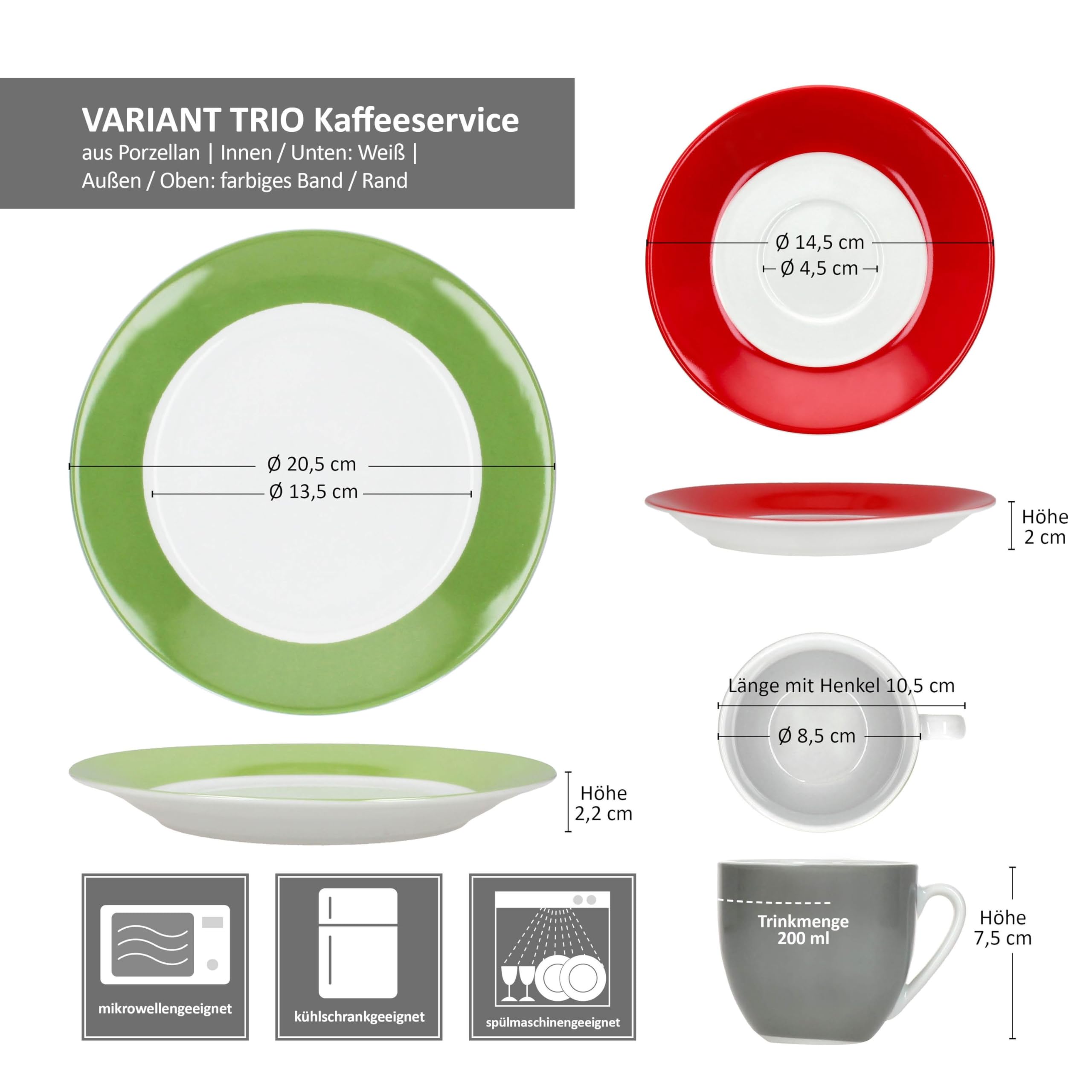 MamboCat Variant Trio 18tlg Kaffeeservice I farbige Porzellan-Kaffeeset für 6 Personen in Grün, Rot & Grau I Je 6X Kaffeetassen 200ml, Untertassen & Kuchenteller für Frühstück & Kaffee