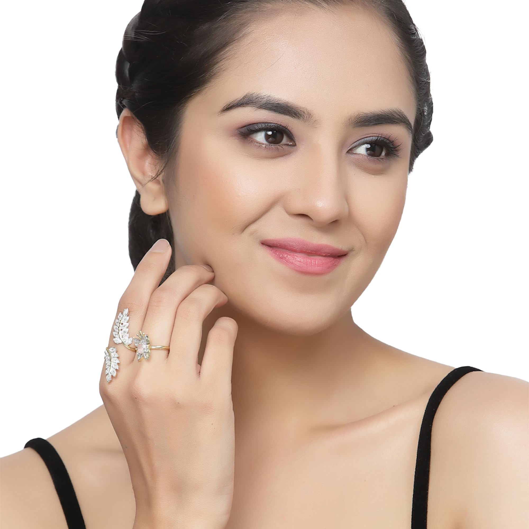Gold-Plated Butterfly & Leaf AD Double Finger Ring
