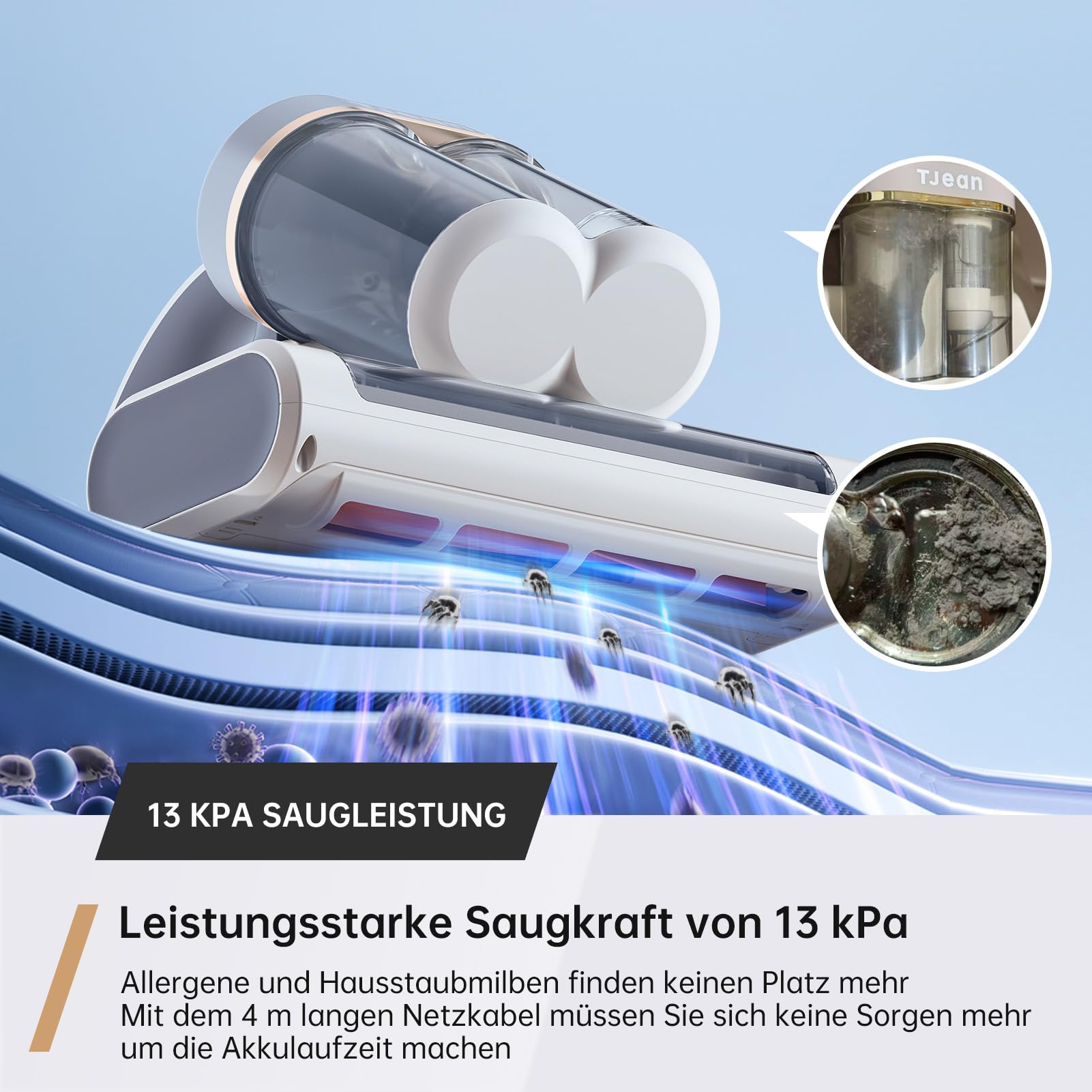 Tjean UV Milbensauger für Matratzen – Doppelter Staubbehälter, HEPA-Filter, Heißer Wind Funktion