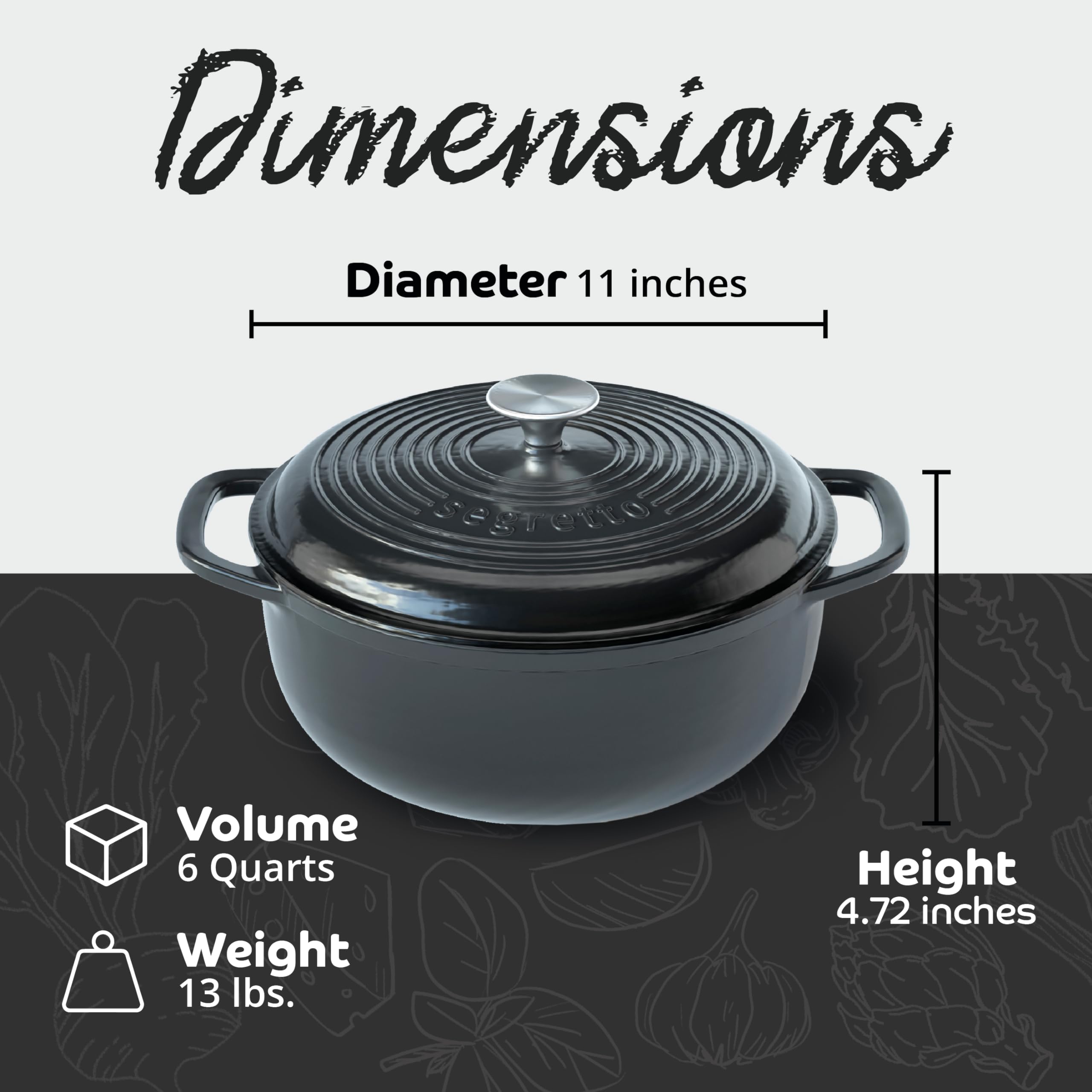 Segretto Cookware Enameled Cast Iron Dutch Oven, 6 Quarts, Black