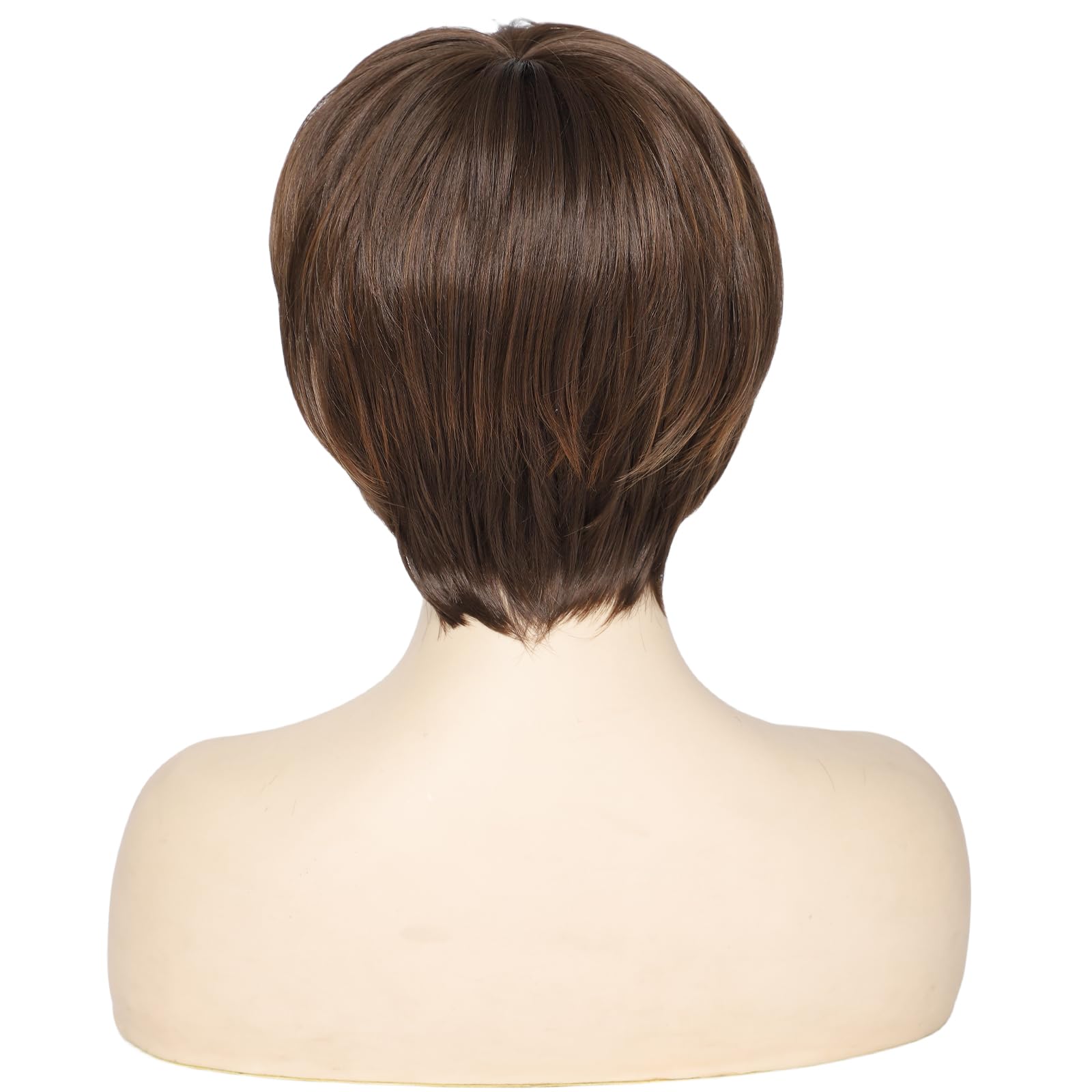 Yamel Brpwn Streaked Pixie Wig with Bangs for Daily Use or Cosplay Natural Straight Layered Synthetic Hair Short Wigs for Women Ladies - Image 2