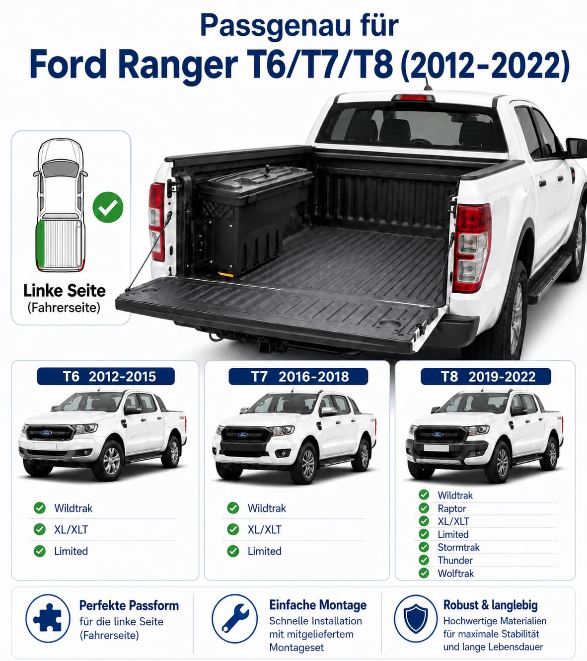 Cassetta degli attrezzi per Ford Ranger 2012-2022 T6 T7 T8 Scatola portaoggetti con serratura per camion 180°Swing Case Lato conducente (lato sinistro)