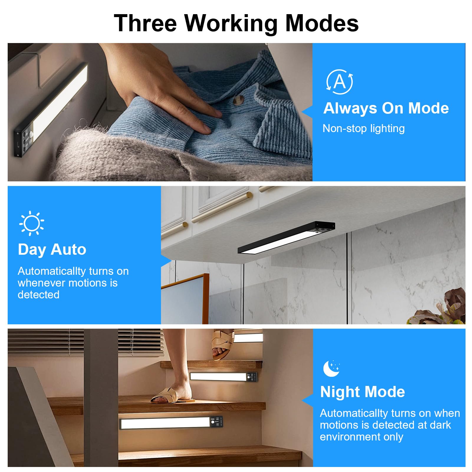 YELKO Under Cabinet Lighting 12inch Led Motion Sensor Cabinet Lights 1500mAh Battery Operated Closet Lights Cordless Rechargeable Motion — view 3