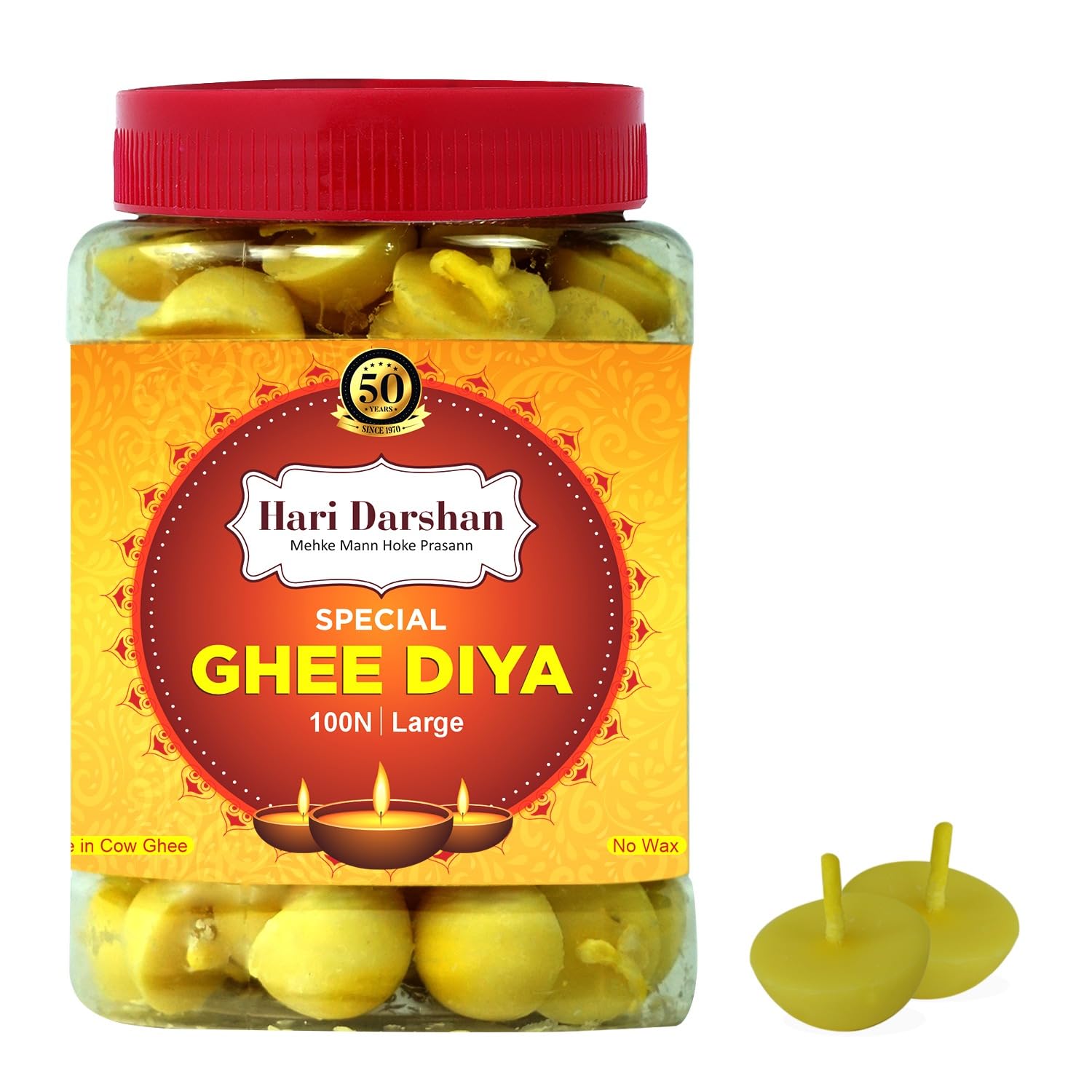 Hari Darshan Ghee Diya - 100 Pieces Jar | Large Size | Burning time 45 Min |Wax Free | Cow Ghee Diya Batti for Daily Puja | Ghee Wicks for Prayers, Rituals & Special Occasions (B0CJ2RR289) Amazon Price History, Amazon Price Tracker