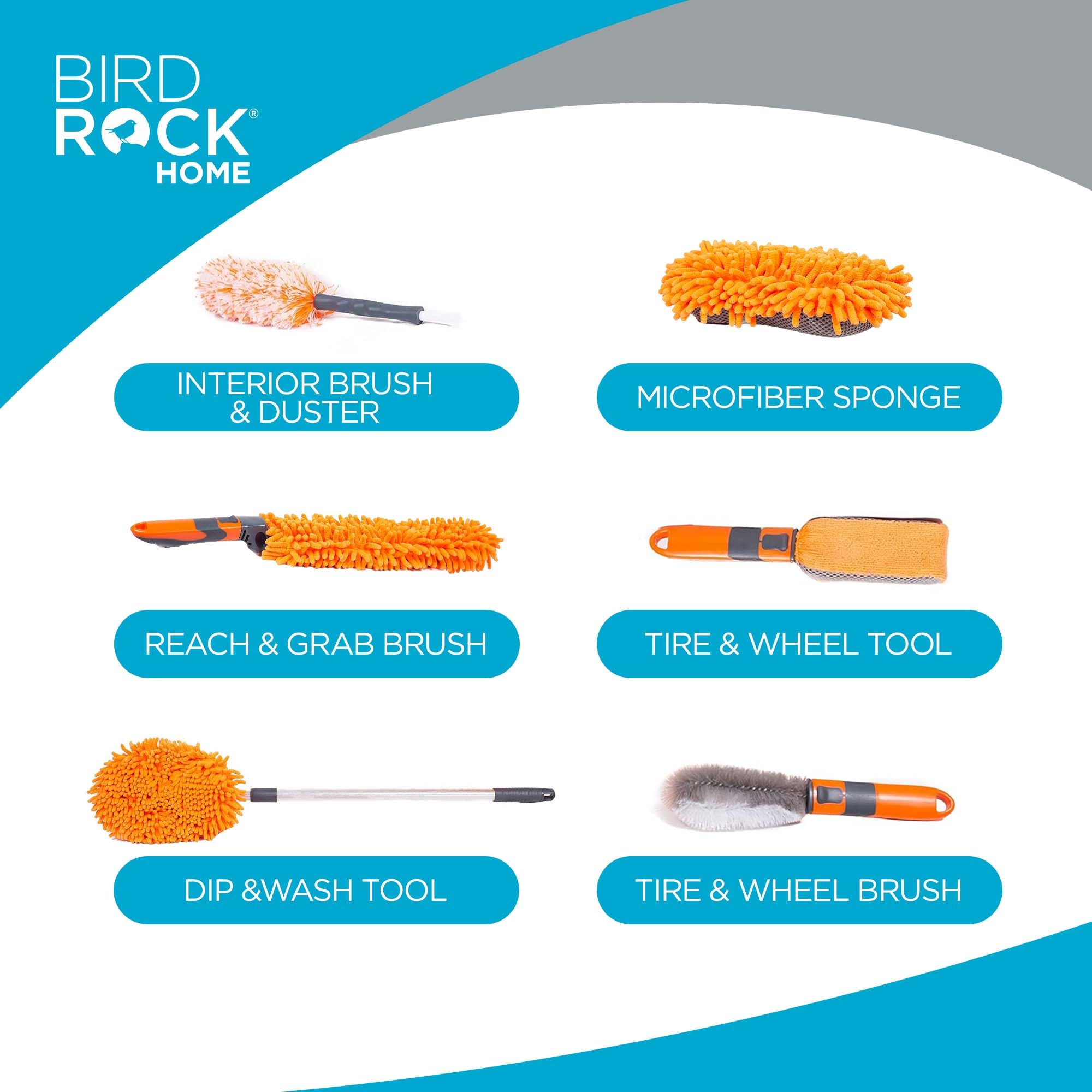 BirdRock Home Car Wash and Detailing Kit | Includes 6 pcs | Exterior and Interior Cleaning | Wheel Brush | Sponge | Duster | Extendable Cleaning Tool
