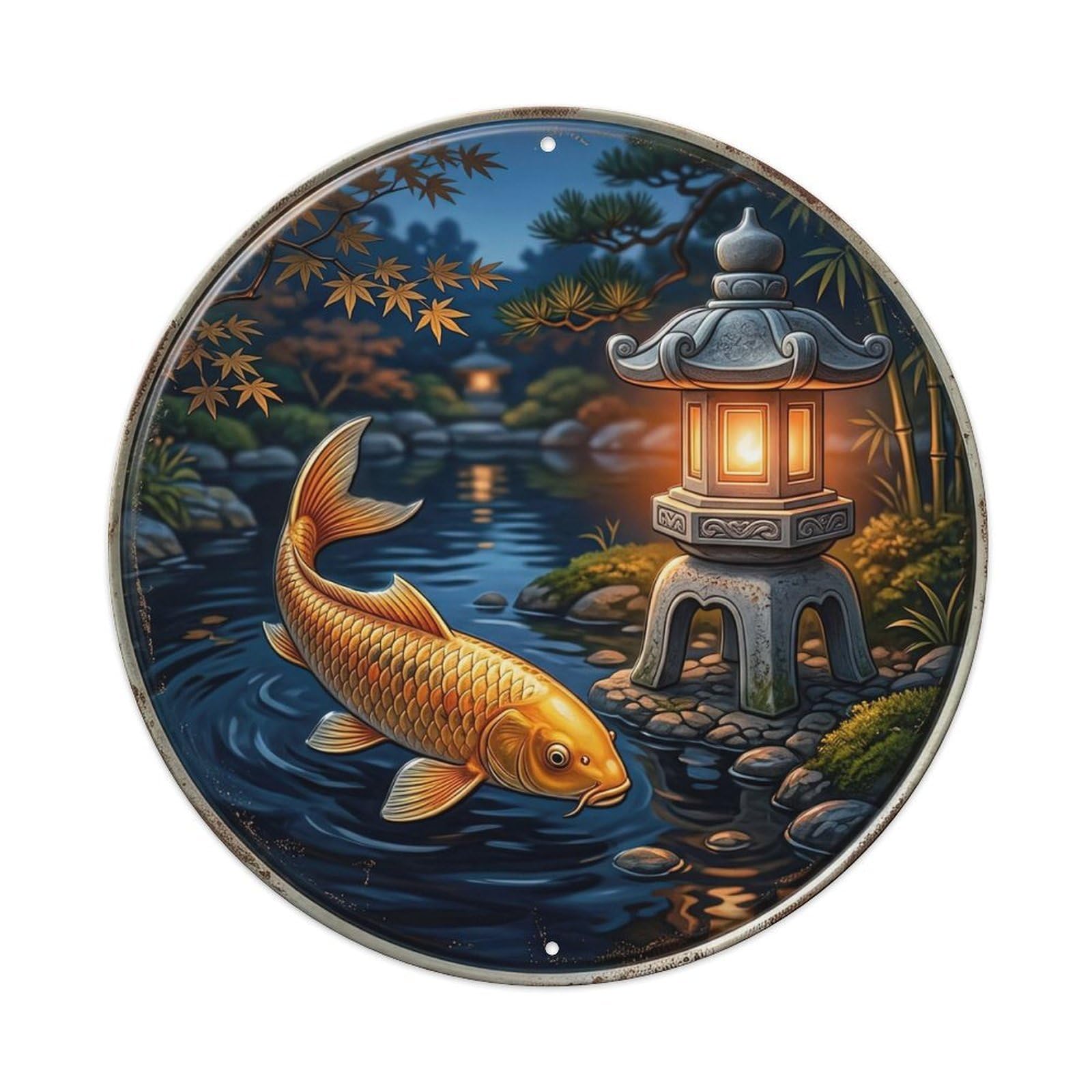 Stone Lantern Glow Koi Fish Metal Tin Sign Plaque Wall Decor for Cafe, Club, Garden Round Metal Poster 8x8Inch
