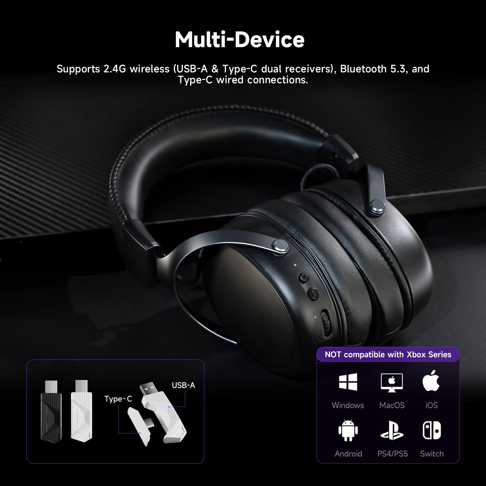 Akko Verge S9 Cuffie da gioco wireless, latenza ultra bassa, ultraleggere (270 g),driver da 53 mm,batteria da 250 ore, 2,4 GHz, Bluetooth, connettività cablata con microfono,per PS5, PS4 e PC- Nero