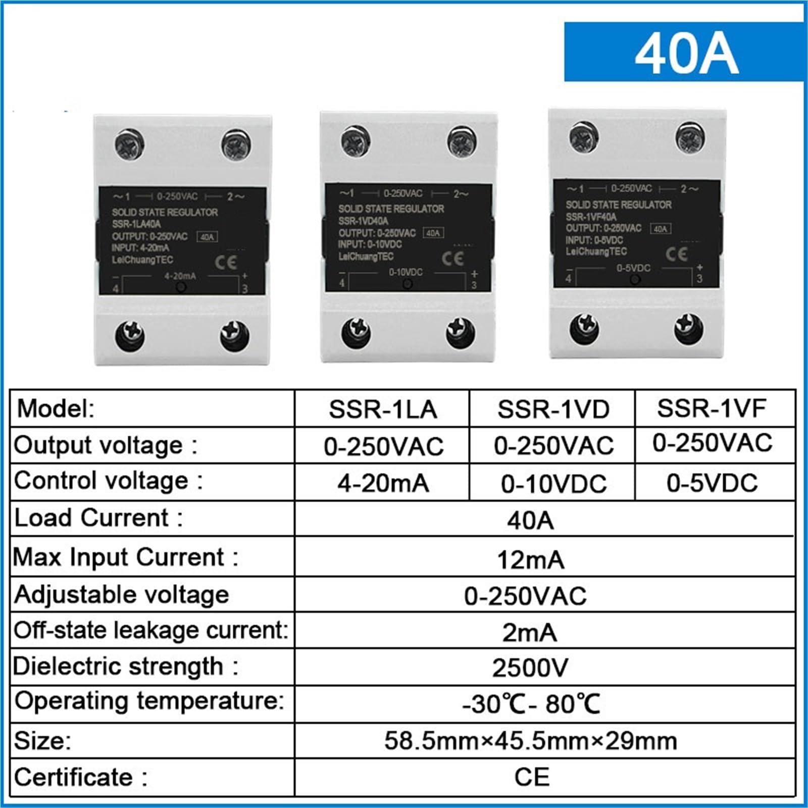 Regolatore di tensione 0-10 V CC 4-20 mA 0-5 V CC Controllo monofase Relè a stato solido 10 A 25 A 40 A 60 A 80 A 100 A 120 A(SSR-1LA 4-20mA,40A)