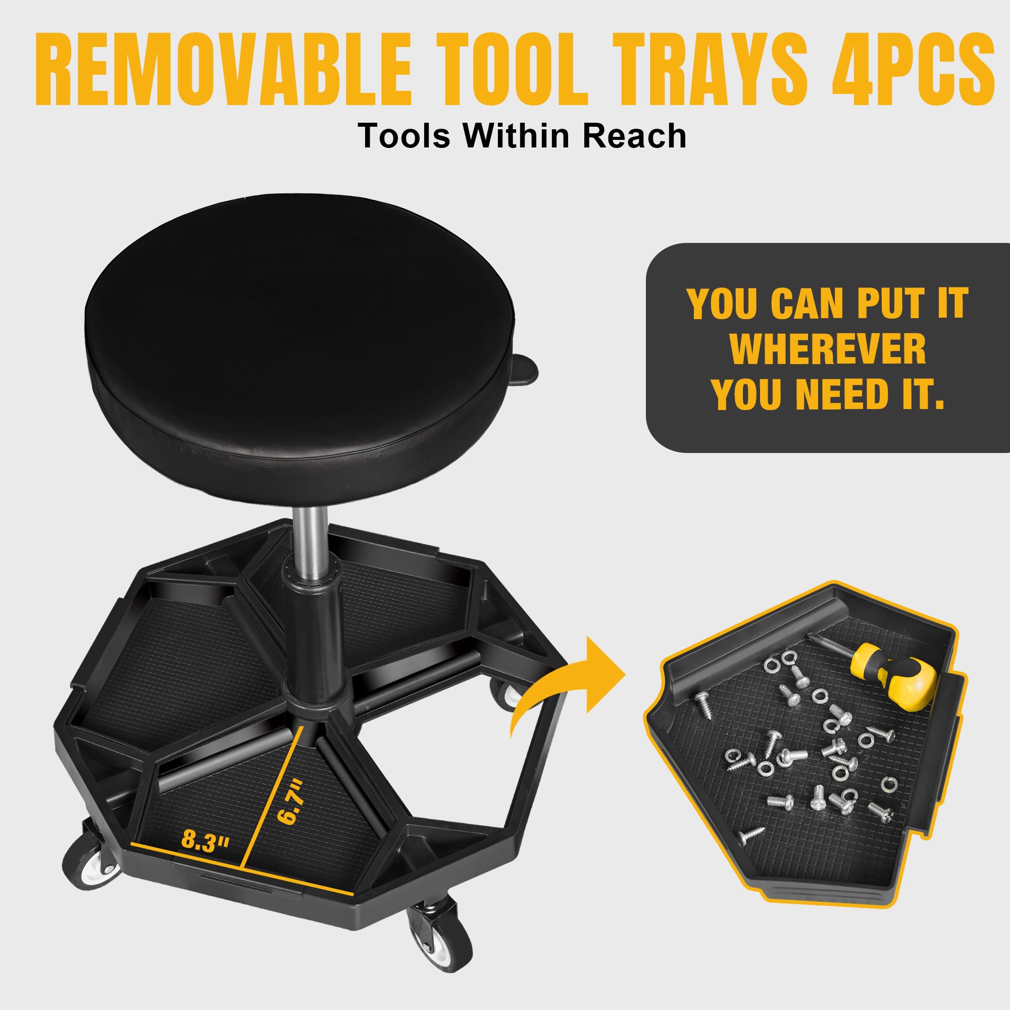 Yellow Jacket Rolling Mechanics Seat – 300Lbs Capacity Pneumatic Adjustable Stool With Tool Tray, 360° Swivel Casters, Heavy-Duty Steel For Garage & Shop