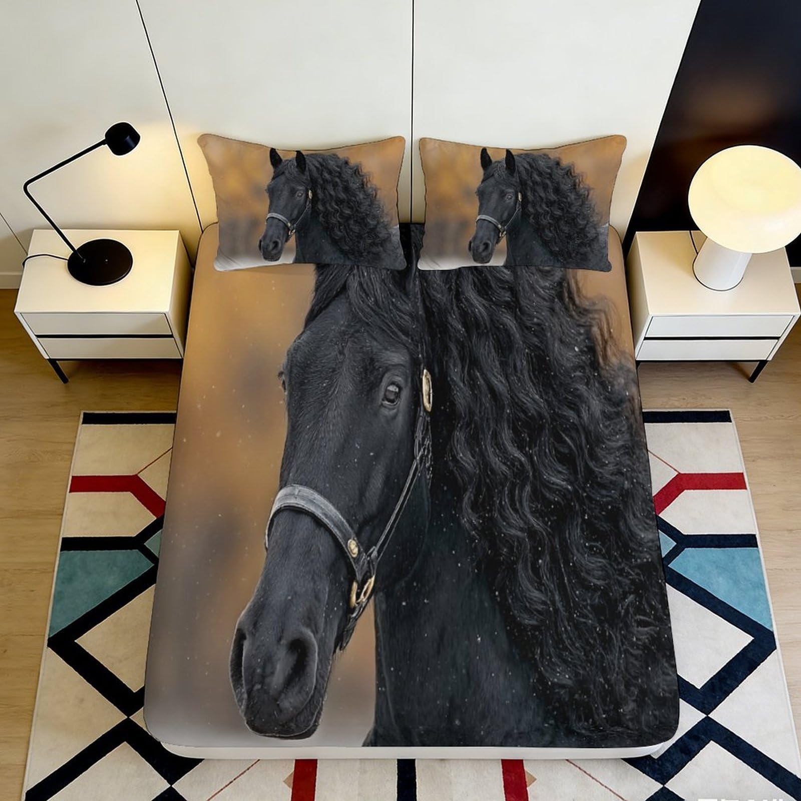 3D Printed Black Horse Fitted Sheet Microfiber Stylish Bedroom Decor Mattress Cover for Adult Teen Dorm 90x200x25cm