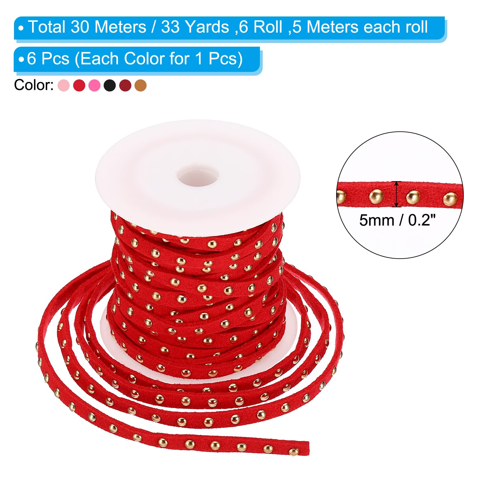 PATIKIL 32.8 Yards Studded Faux Suede Cord Rope for Jewelry Making 6Pcs Each 5m 5mm Flat Leather Lace Beading String Ribbon Gold Rivets - Image 2