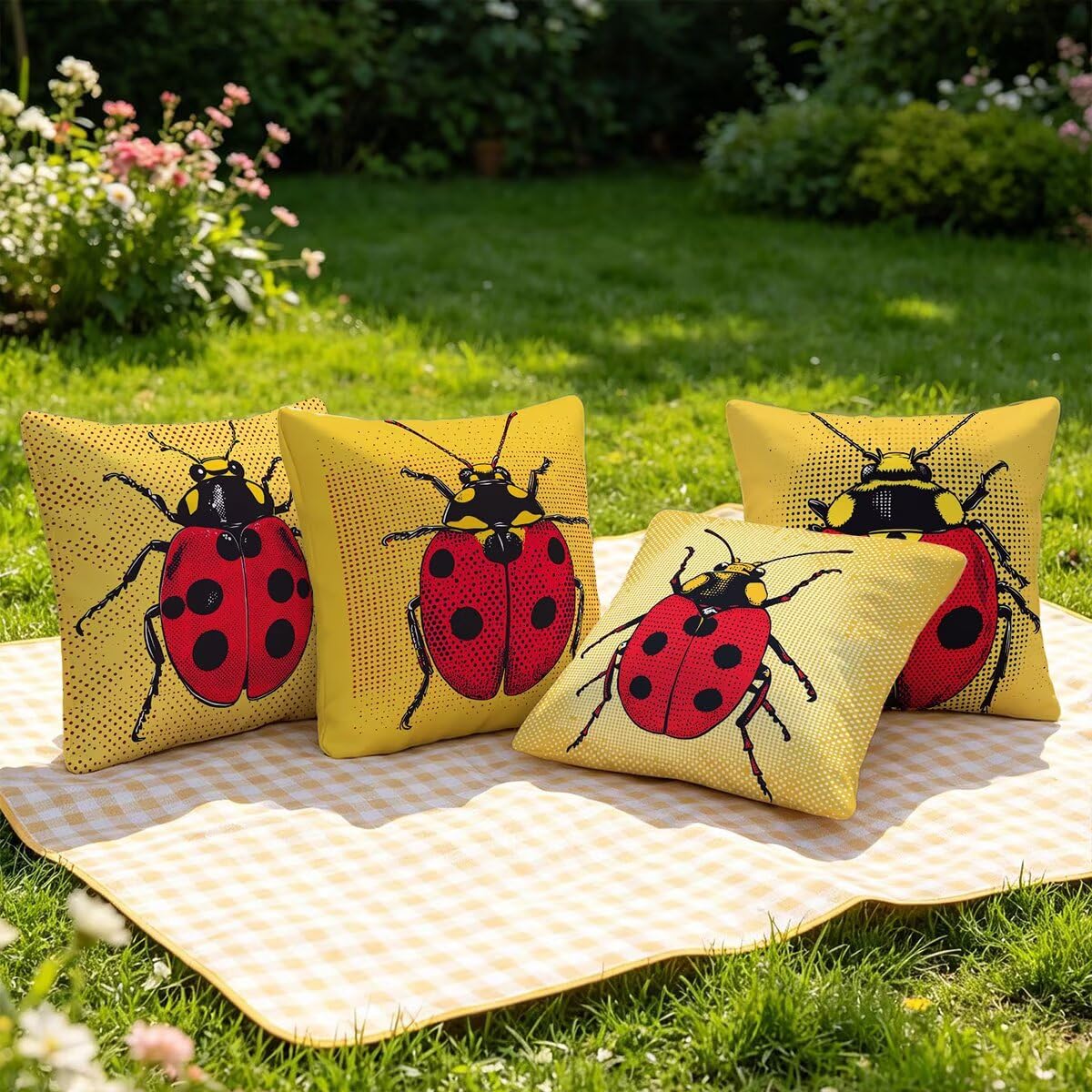 Federe Cuscino Divano 60x60, Giallo Cuscini per Divano da Esterno Set da 4, Lino Copricuscini Divanos Impermeabile, Copri Cuscini Coccinella Motivo Fronte Retro Stampato per Giardino, Balcón F-61