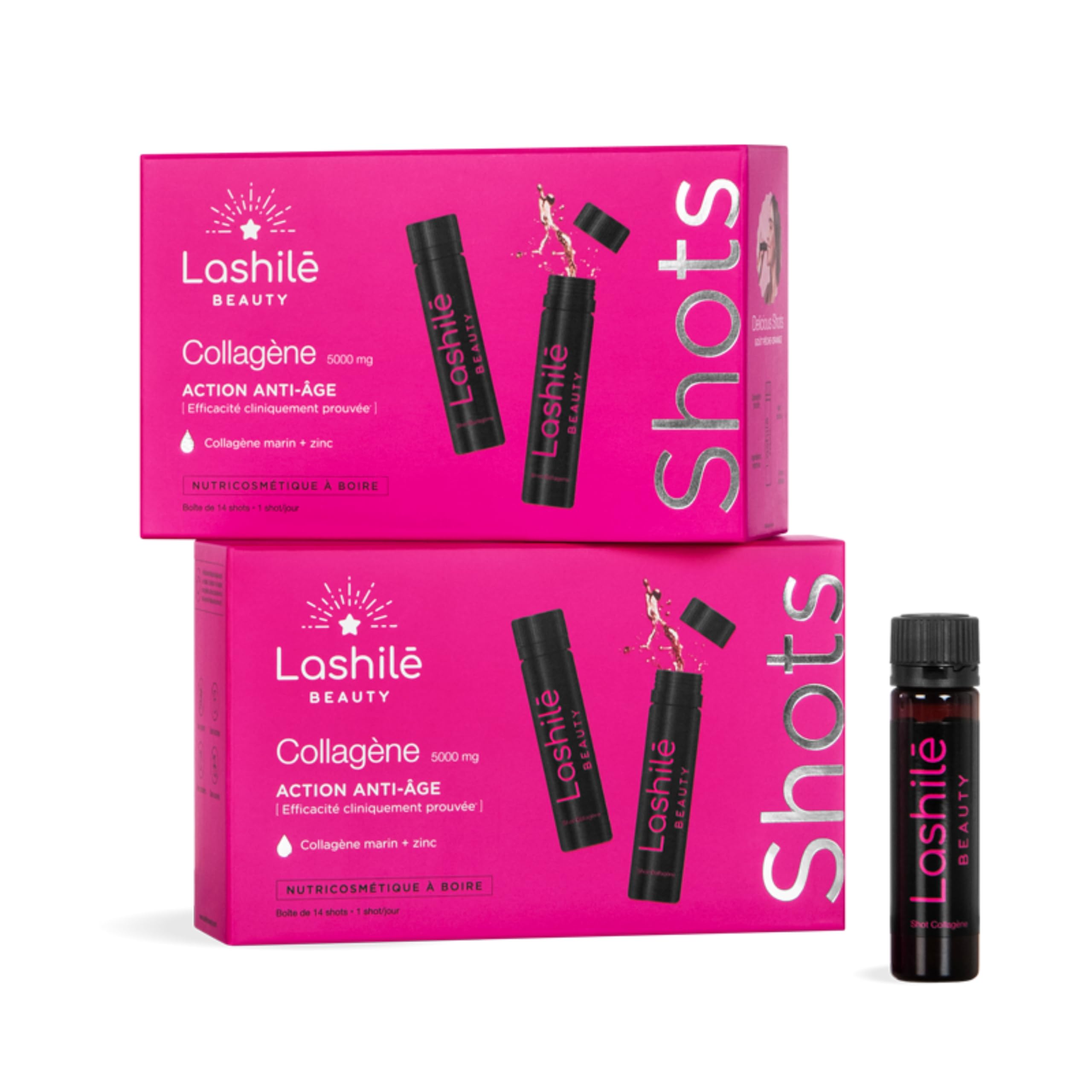 Lashilé Beauty - Complément Alimentaire - Anti-âge Global - Shots Collagène Marin 5000 mg - Type 1 et 3 -Nutricosmétique à boire - Collagène marin 1 et 3 Zinc - Made in France - Programme 1 mois