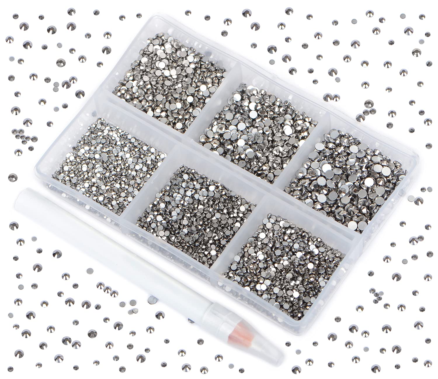 Bymitel 7200 Pieces 6 Mixed Sizes Glue Fix on Glass Rhinestones Round Crystal Gems Flatback for DIY Jewelry Making with one Picking Pen(6-Sizes 7200PCS, Jet Hematite)