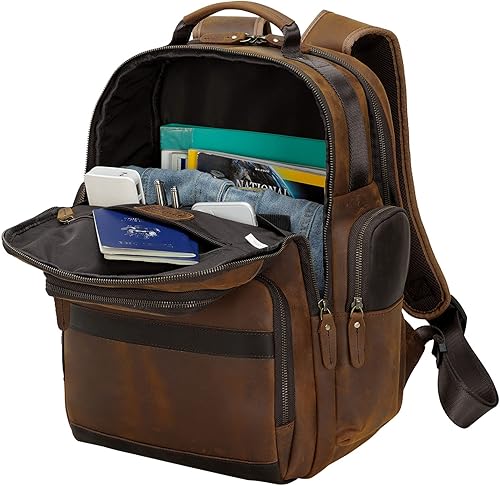 Miniatura 7 de TIDING Mochila de cuero vintage para hombre de 15.6 pulgadas, bolsa para laptop de gran capacidad, viajes de negocios, senderismo, mochilas de hombro