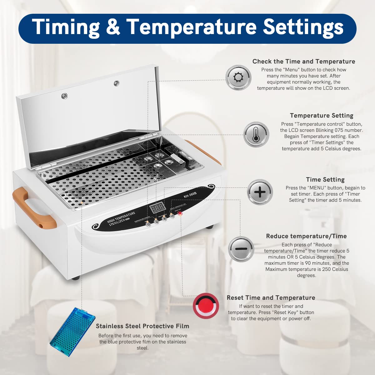 Xverycan 500W Heißluftsterilisator Desinfektion, 250℃ Trockene Hitze Hochtemperatur Sterilisator, Kleine Sterilisatoren für Nagelwerkzeuge, Kosmetikwerkzeuge, Friseurwerkzeuge, Schönheitssalon