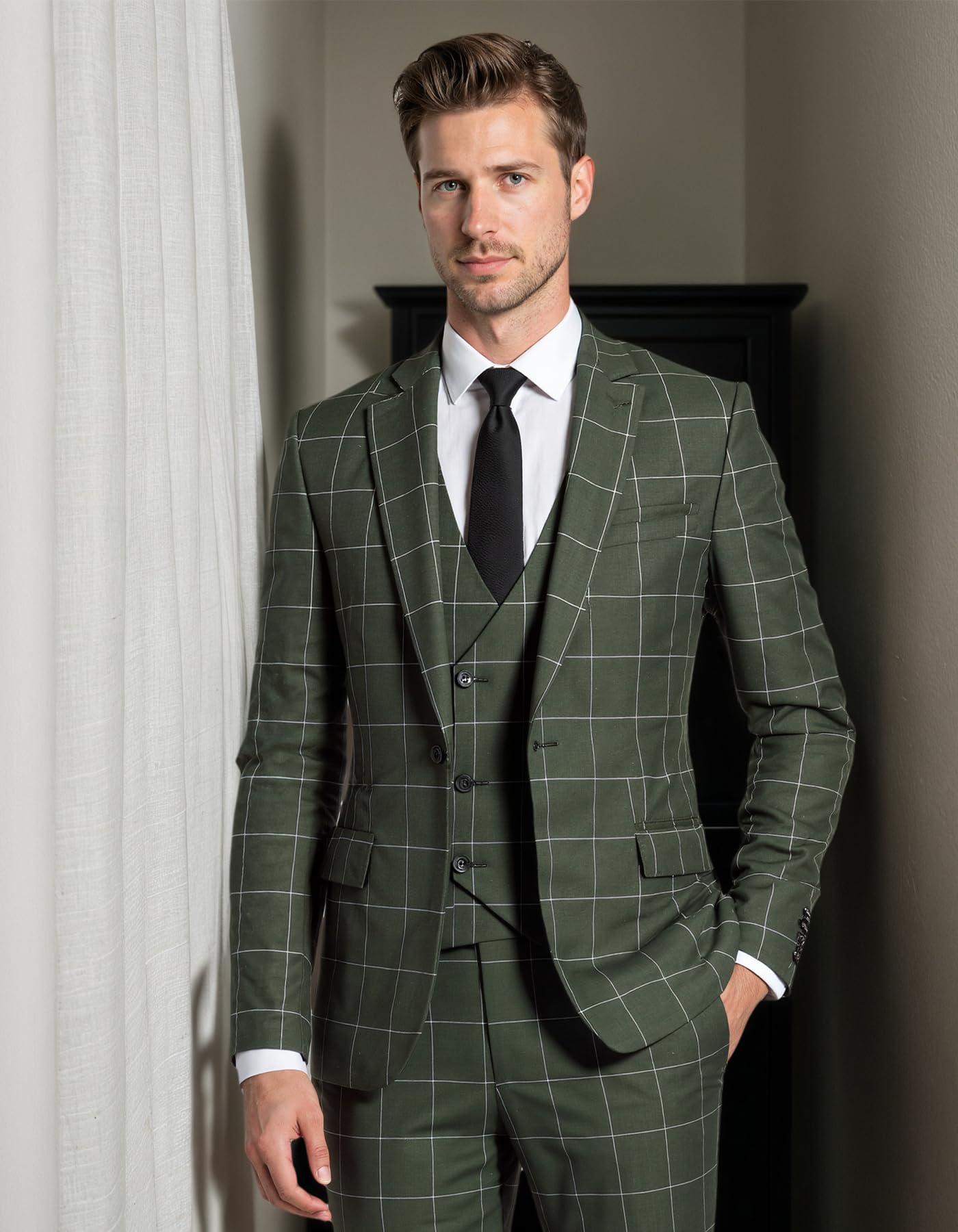 Solovedress Trajes para hombre 3 piezas Traje clásico de cuadros para hombre Sakko Pantalones Chaleco para bodas y negocios