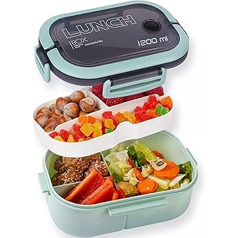 HappyRhino Bento Box Adult Lunch Box for Women - 2000ml Double Layer Leak-Proof, 4+4 Compartment, With Fork & Spoon, BPA Free, Microwave Dishwasher Safe (Green)