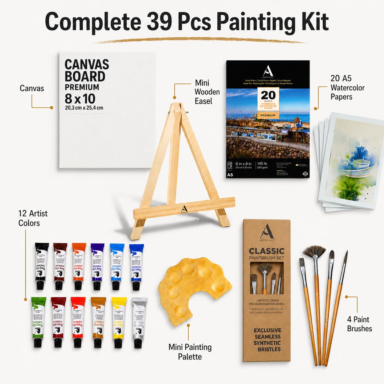 ArtRight 39 Pcs Painting Kit for Beginners & Kids with 4 Paint Brushes - Mini Wooden Easel with Canvas - 20 A5 Watercolor Papers - Mini Painting Palette - Artists Color Set of 12