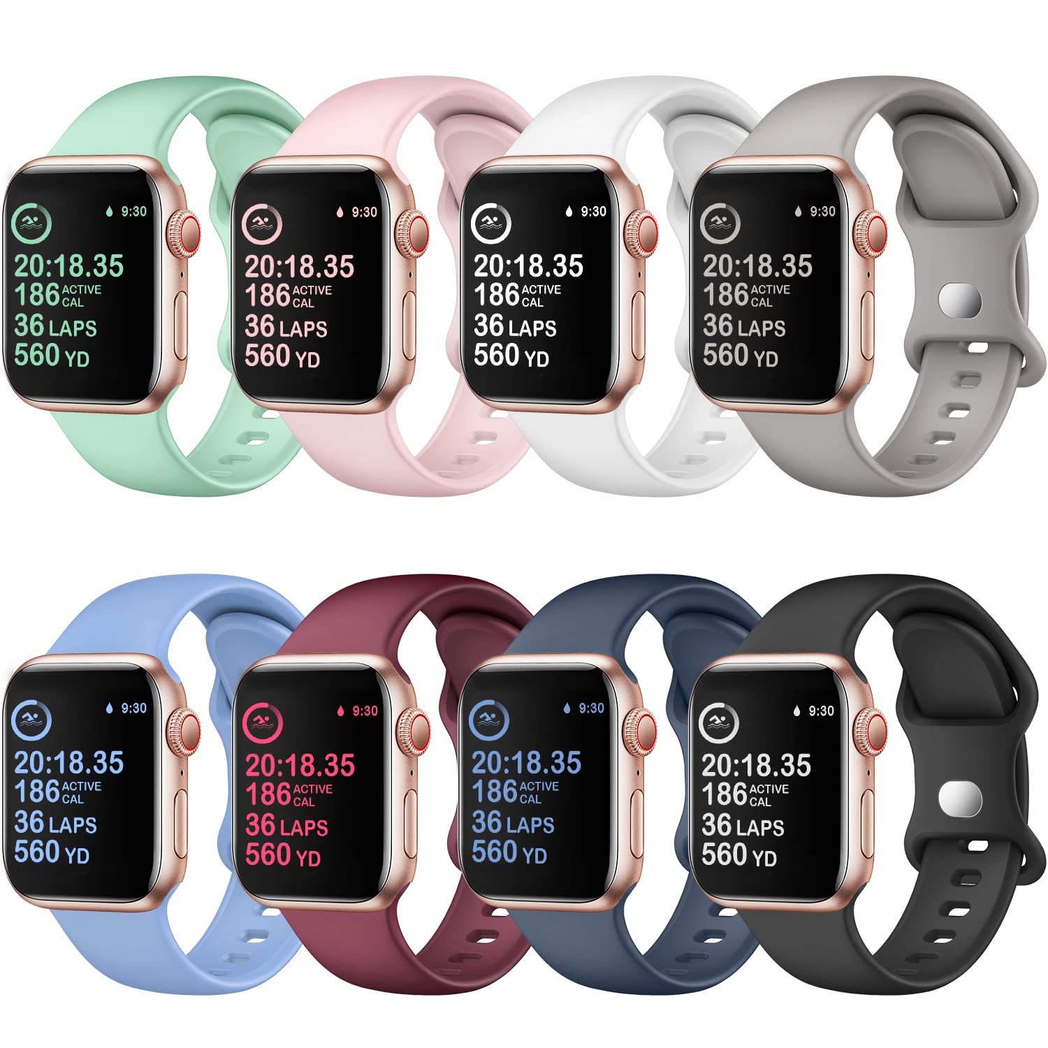 8 Pack Watch Bands Compatible with Apple Watch Band 38mm 40mm 41mm 42mm 44mm 45mm 49mm for Women Men, Soft Silicone Waterproof Sport Strap Replacement Wristbands for iWatch Series 8 7 6 5 4 3 2 1 SE