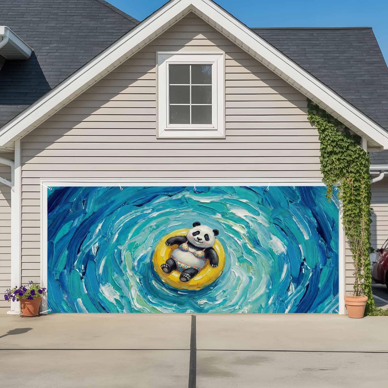 Summer 7 x 16 ft Garage Door Cover Abstract Panda in Swimming Circle Blue Large Decorations Waterproof Banner for Holiday Outdoor Decor