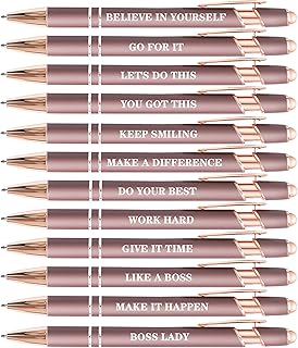 HLPHA 12 Pieces Rose Gold Ballpoint Pen with Stylus Tip,Motivational Messages Pen Retractable Ballpoint Pens for Touch Screens, medium point 1.0 mm Black Ink