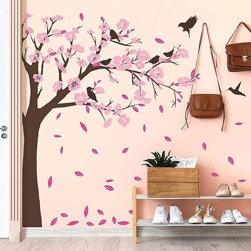 Calcomanías de pared de árbol marrón gigante, flores de durazno rosa, calcomanías de pared para bricolaje, flores de cerezo floral, pájaros, ramas Calcomanías de pared de árbol marrón gigante, flores de durazno rosa, calcomanías de pared para bricolaje, flores de cerezo floral, pájaros, ramas