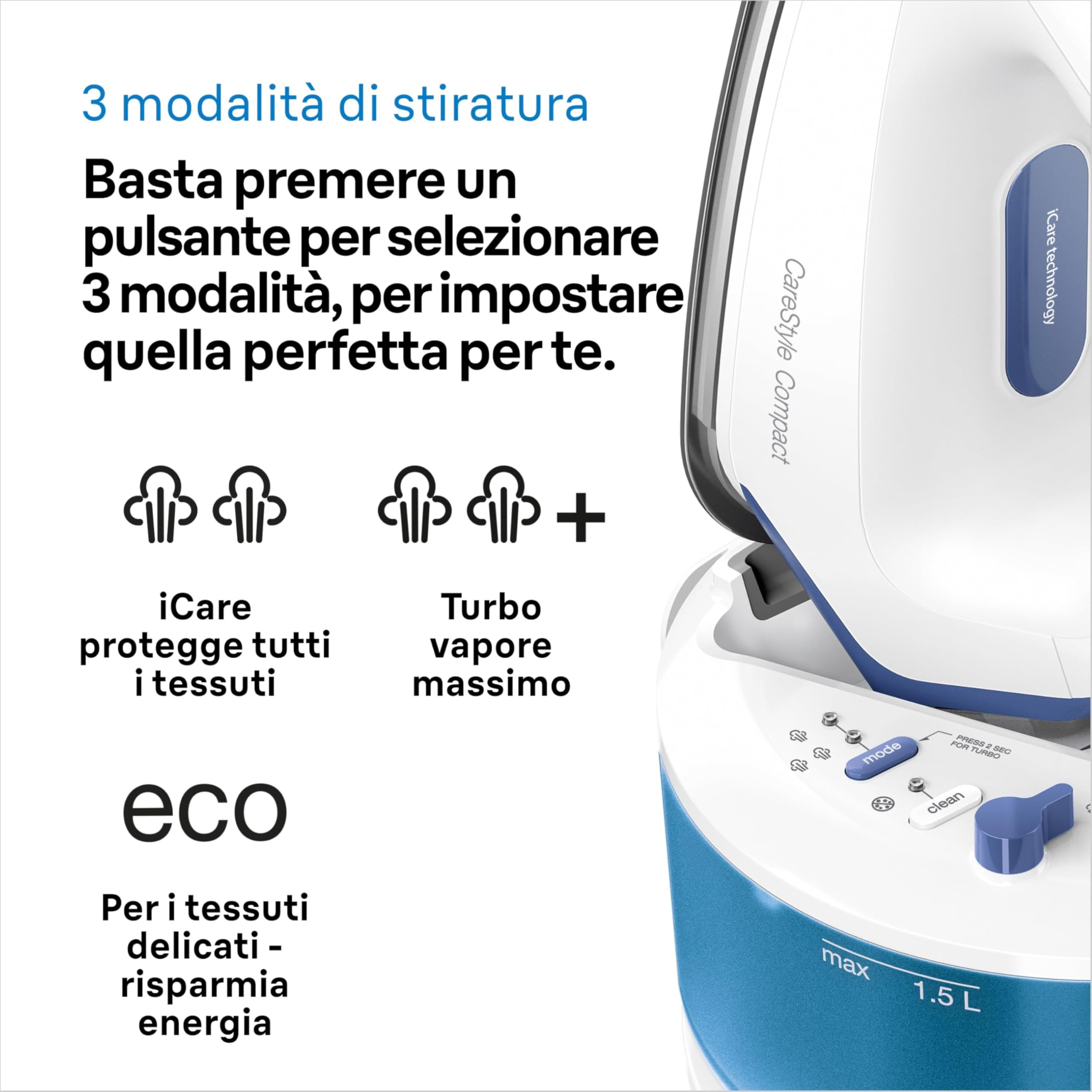 Braun IS2143BL CareStyle Compact Ferro da Stiro con Caldaia, 5 ANNI DI ASSISTENZA, Piastra EloxalPlus, Facile decalcificazione, Colpo Vapore 420g/min, Serbatoio 1.5L, Risparmio energetico, Bianco/Blu