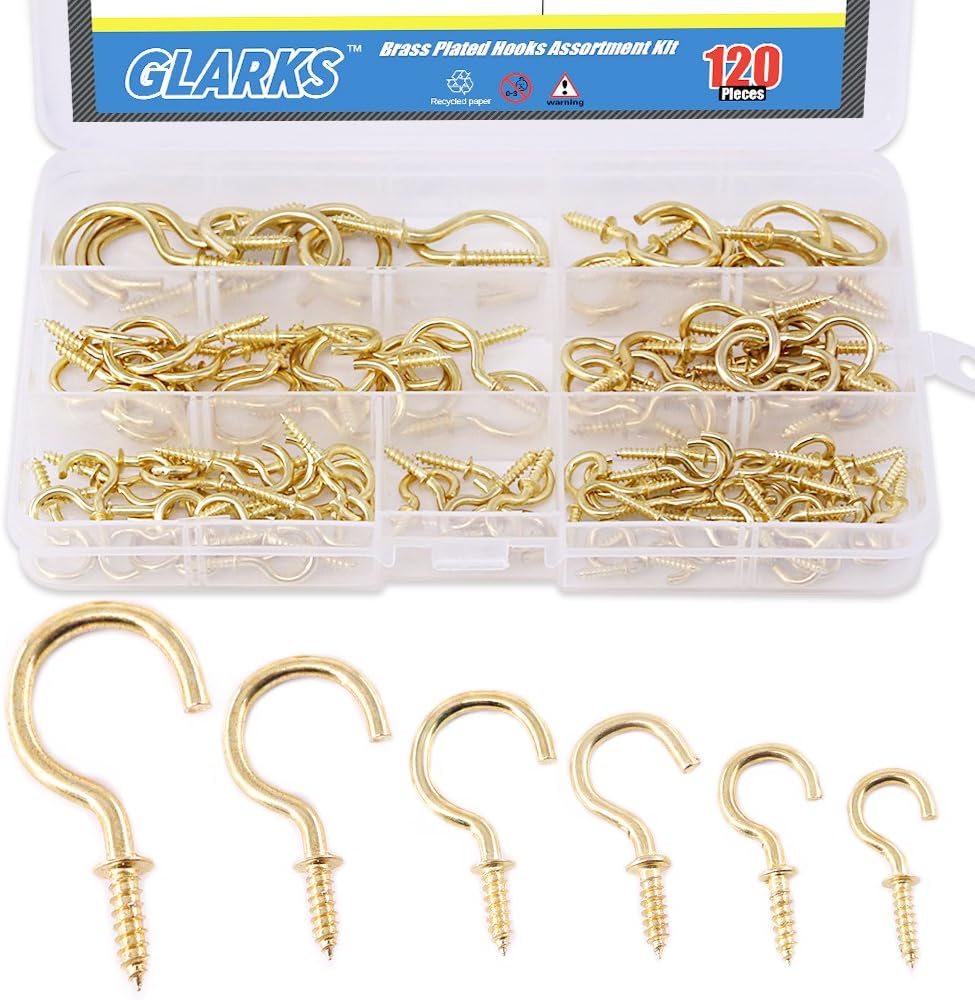 Glarks 120Pieces 6 Size Brass Plated Screwin Cup Hooks Lag Thread