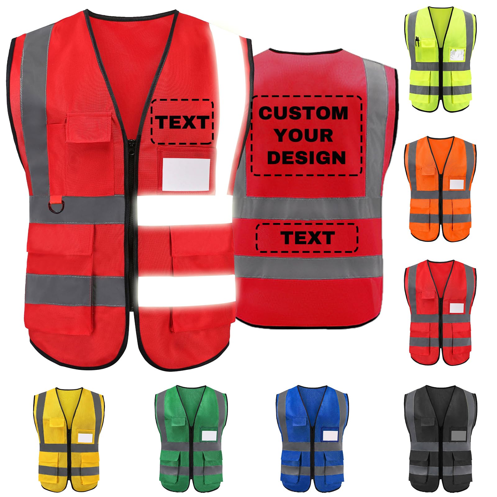 Custom Safety Vest with Logo Text | 5 Pockets,Class 2 High Visibility Reflective Vest for Men for Outdoor Security Workwer