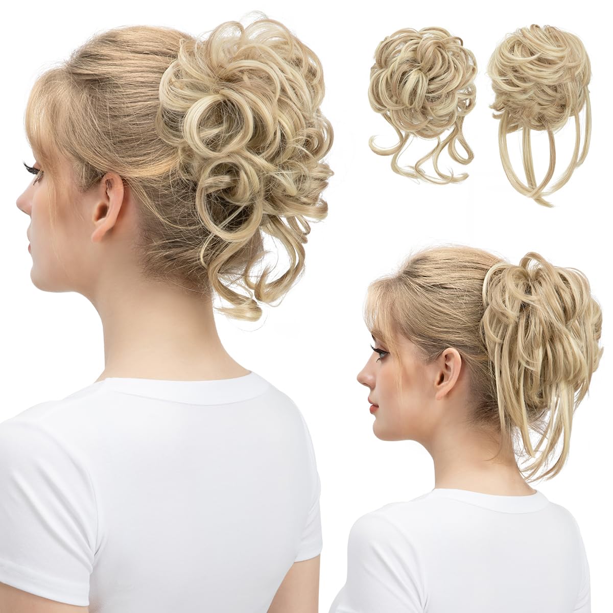 SARLA 2PCS Blonde Messy Bun Hair Pieces for Women Wavy Curly Synthetic Hairpieces for Updos with Tendrils Fake Scrunchies Ponytail Extension Dirty