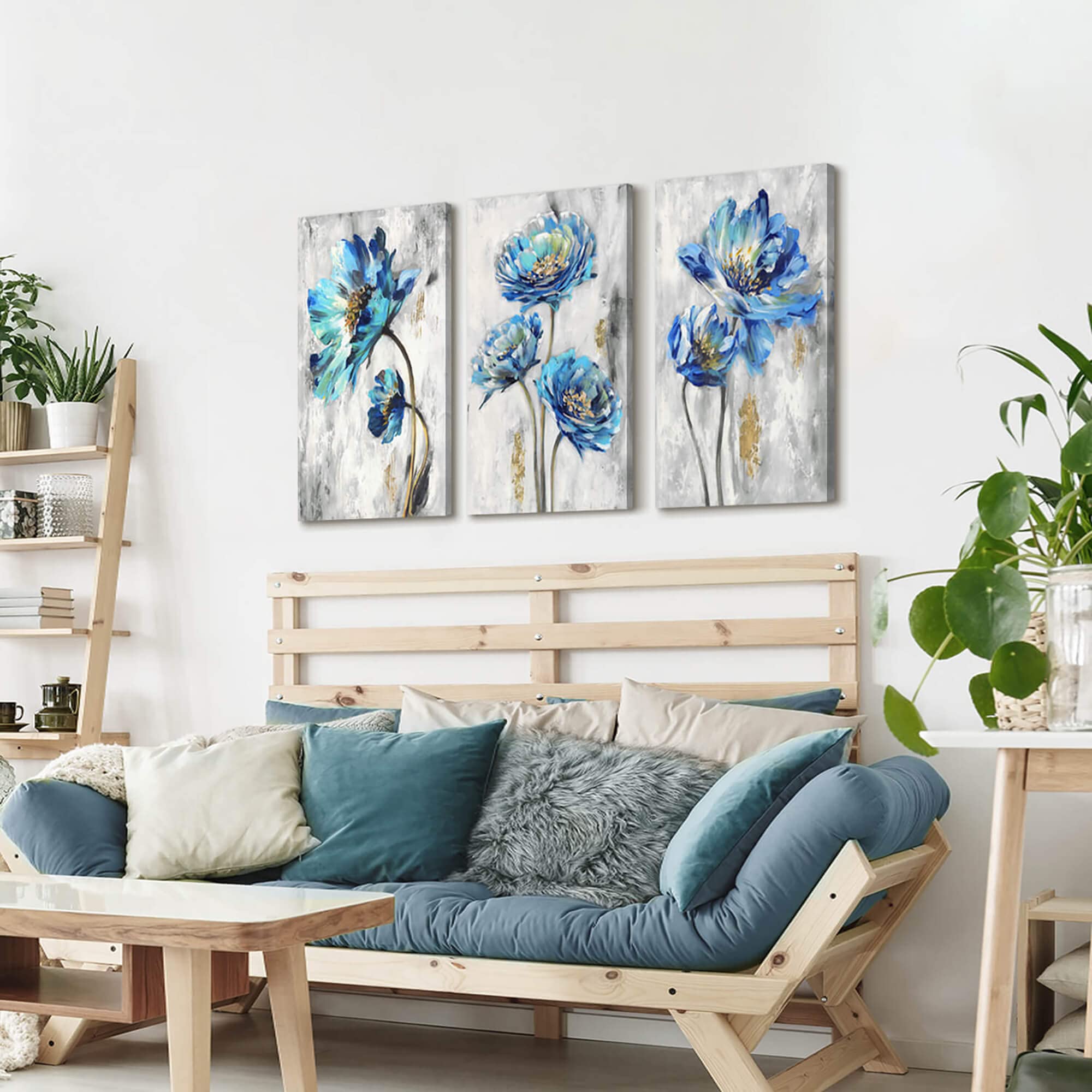 AJAZIKO Quadro Su Tela Astratto Floreale 3 Pezzi - Dipinto Moderno Con Fiori - Decorazione Da Parete Blu Navy Per Soggiorno, Camera Da Letto - 3