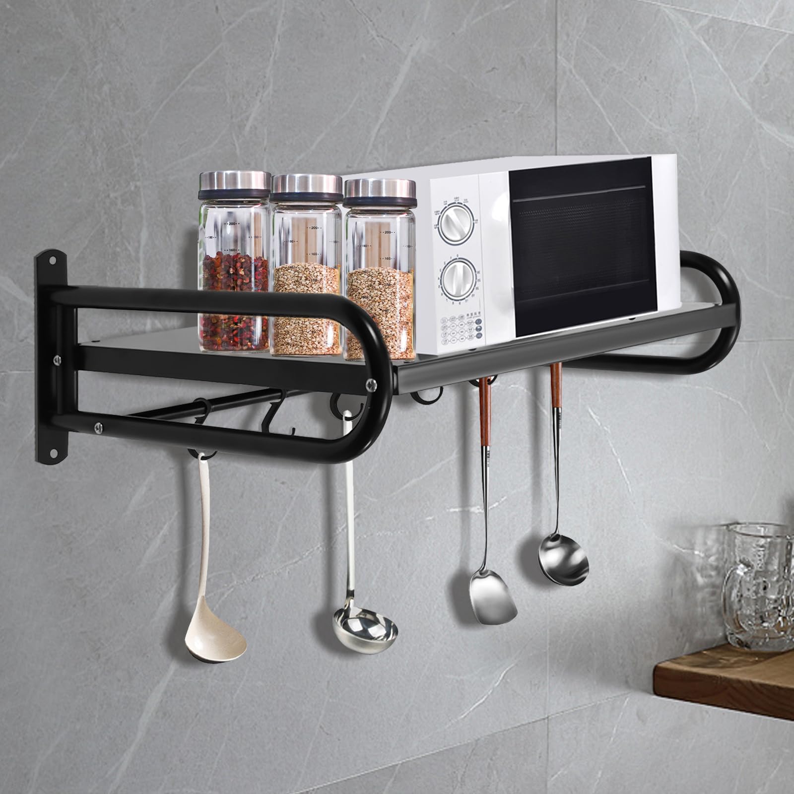 Estantería de pared para microondas, 6 ganchos, soporte para microondas, estante de pared de acero inoxidable, estante de pared para microondas, montaje adhesivo o montaje en taladro