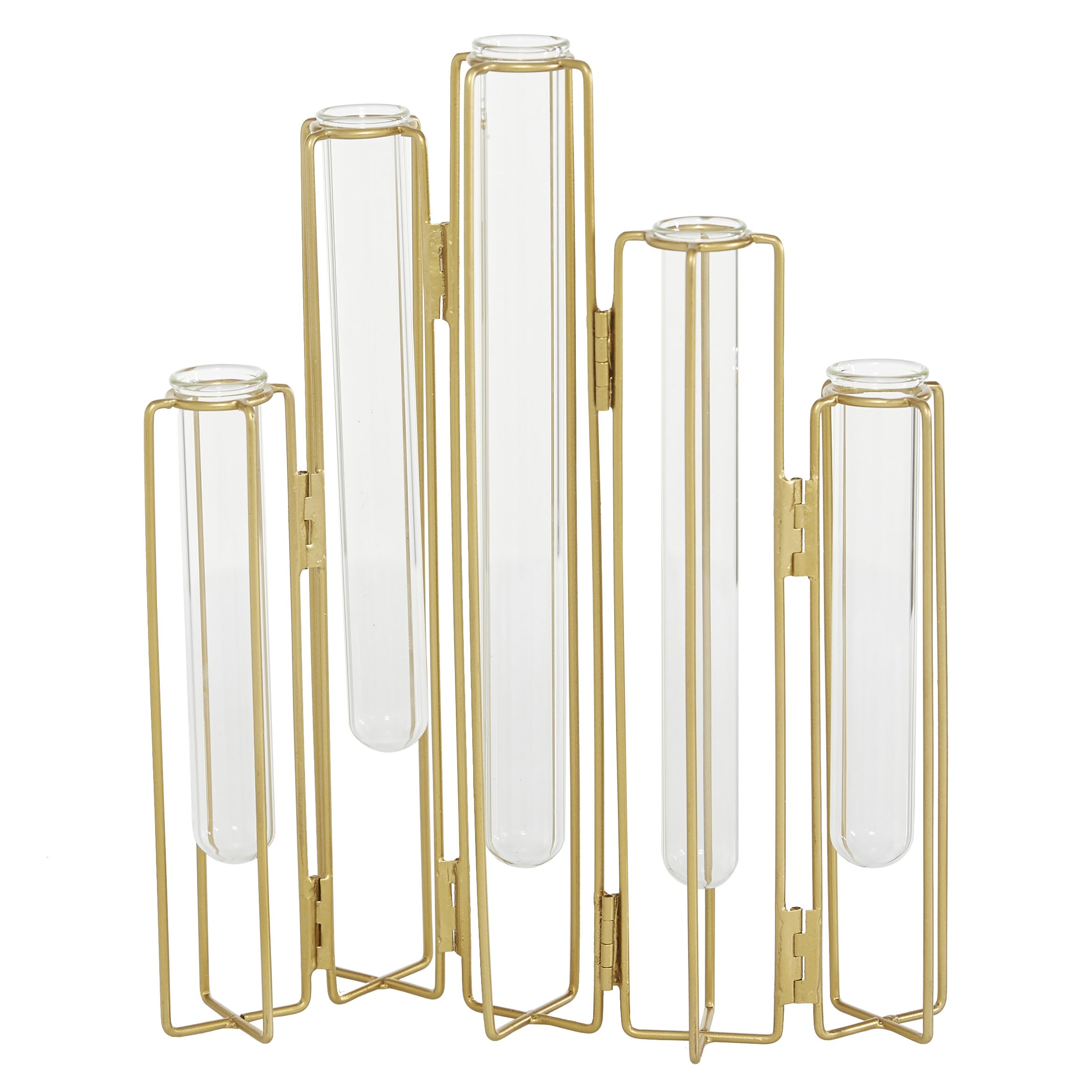 Deco 79 Metal Foldable Vase with Clear Glass Tubes, 10" x 3" x 12", Gold