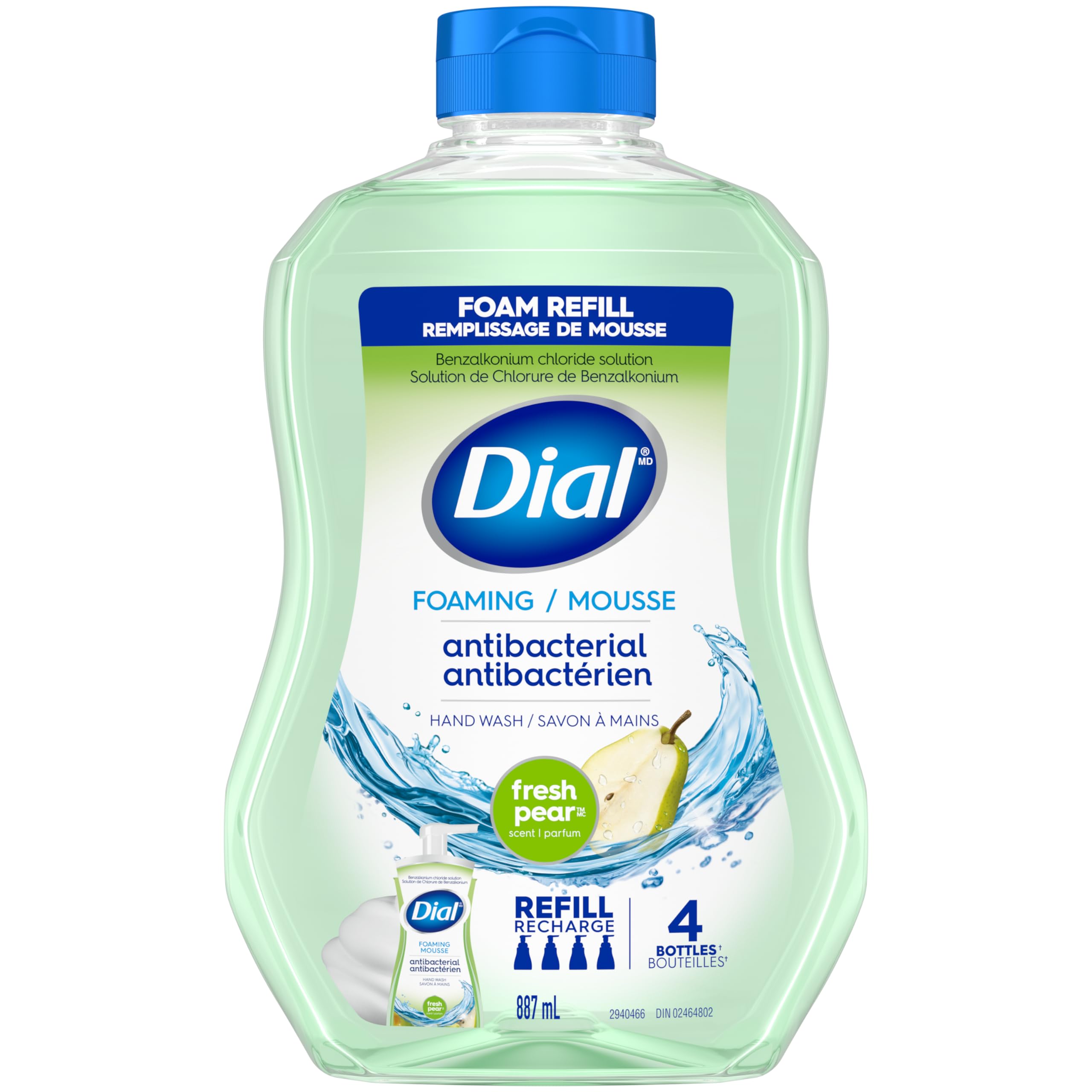 Dial Antibacterial Foaming Hand Wash Refill, Fresh Pear Scent, 887ml, Dermatologist Tested, pH Balanced, Free from Silicones, Parabens, Phthalates, SLES/SLS