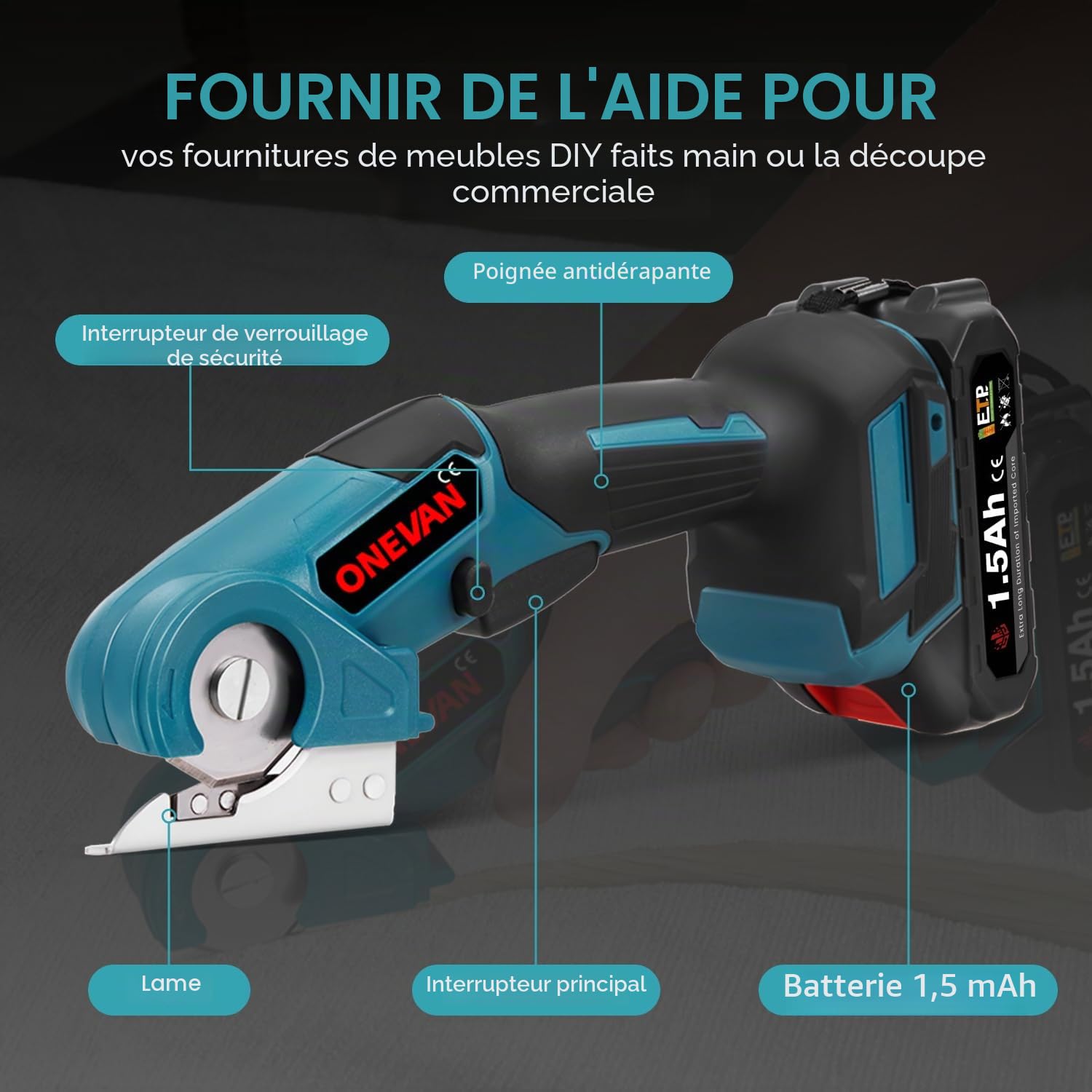 ONEVAN Ciseaux électrique tissu couture sans fil professionnel 300W - Coupe-tissu industriel haute performance - Découpe précise cuir, tapis, textile (2 batteries lithium + chargeur)