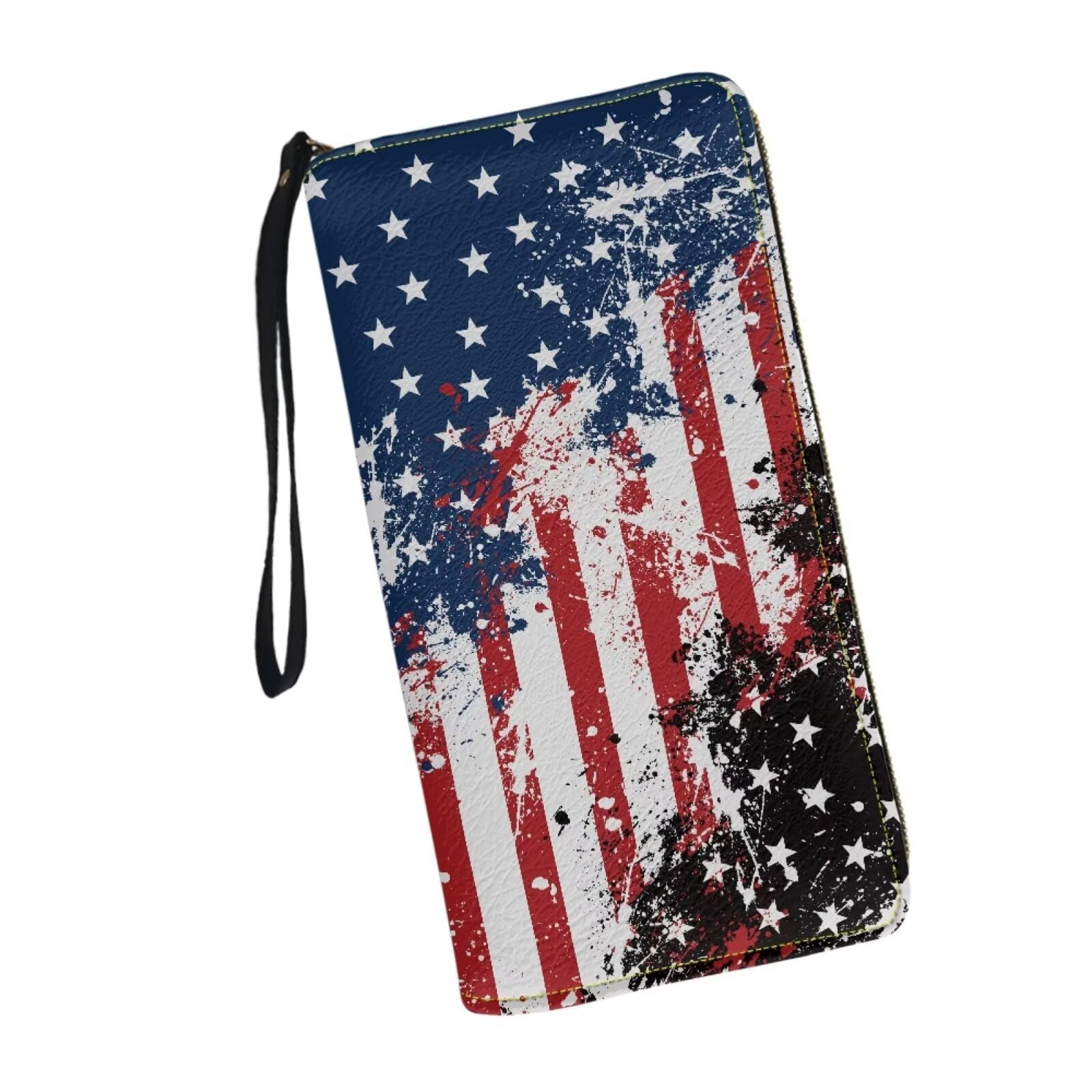 UINDDWCB Leather Wallets with Strap White Print Purse for Men American Flag Novelty Shopping Business Travel Money Clips Long Style for Men