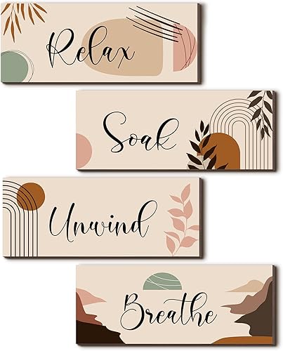 4 piezas de decoración bohemia de baño Relax Soak Unwind Breathe Letrero de arte de pared de baño, pinturas rústicas de madera para el baño o el