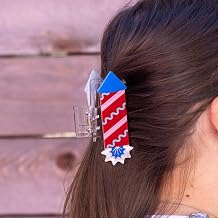 Packed Party Patriotic Firework Hair Claw Clip - Red White Blue Novelty Hair Accessory with Silver Foil Engraved Detail, 4.09x1.69 Inch