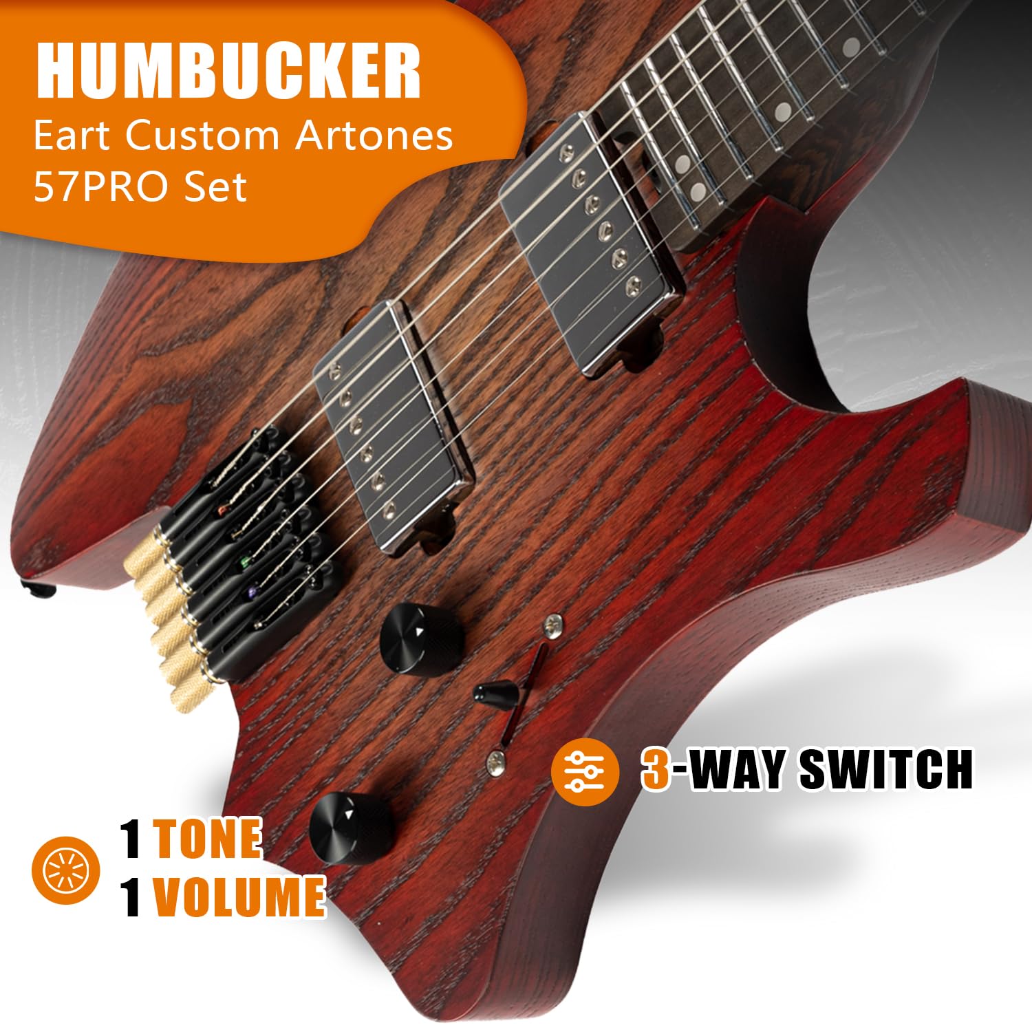 EART GW2-Pro Headless E-Gitarre feste Brücke für Reisen, geröstete Esche Solid Body - Wenge Neck, Trans White/Natural/Solid Black