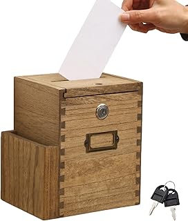 KIRIGEN Wood Suggestion Box with Lock & 2 Keys Wall Mounted Donation and Ballot with Side Pocket Comment Collection Box for School, Office, Hospital (DSYJX-DBR)