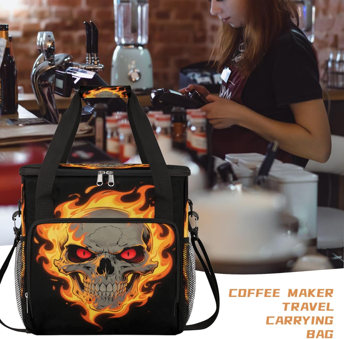 Fire Skull Art Portable Coffee Maker Carrying Bag Compatible with Keurig K-Mini or K-Mini Plus - Travel Storage Tote with K-Cup Pod Pockets for Single Serve Coffee Brewer